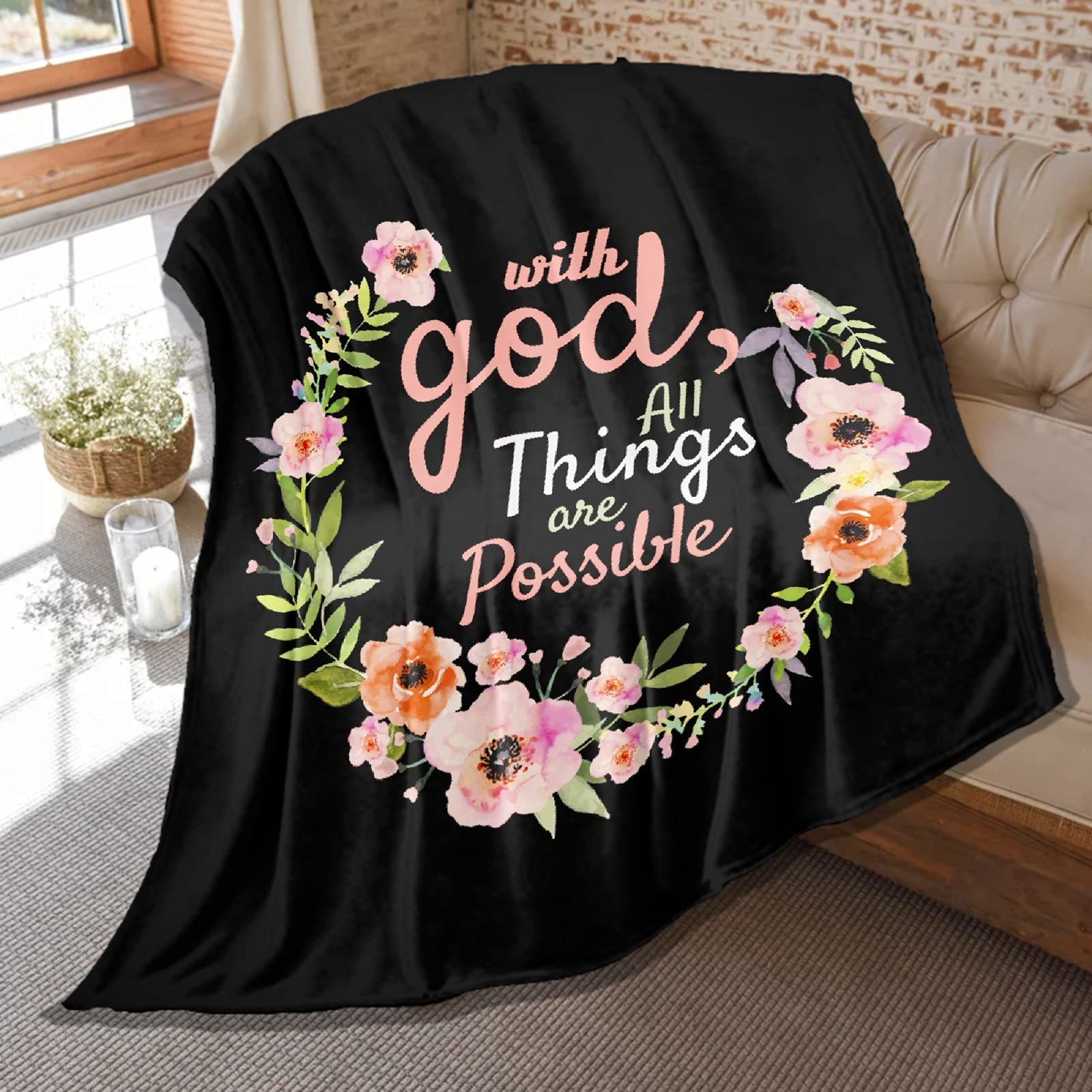 All Things Are Possible with God Bible Verse Blanket - Lightweight Plush Throw Blanket with Scripture Quote, 120