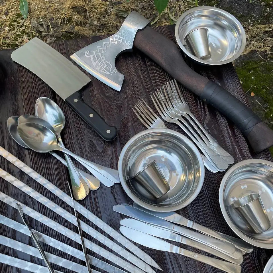 Auroch Premium Camping BBQ Skewers Set - 44-Piece Stainless Steel Grilling Kit with Wooden Storage Case for Outdoor Picnics, Backyard Cookouts & Camping Adventures