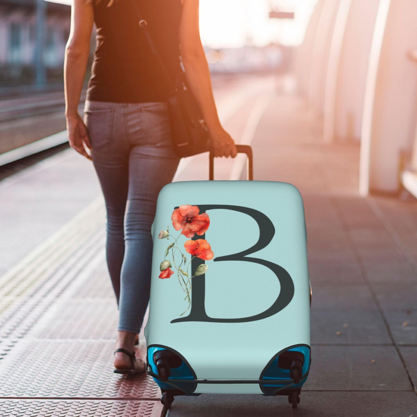 Spandex Blue Suitcase Protector Cover with Black Letter B & Boho Floral Poppy Leaves Design - Dust-Proof Washable Luggage Bag for 25-28 Inch Wheeled Suitcases (Kids & Adults) - Perfect for Travel, Airplane Trips & Vacation Packing
