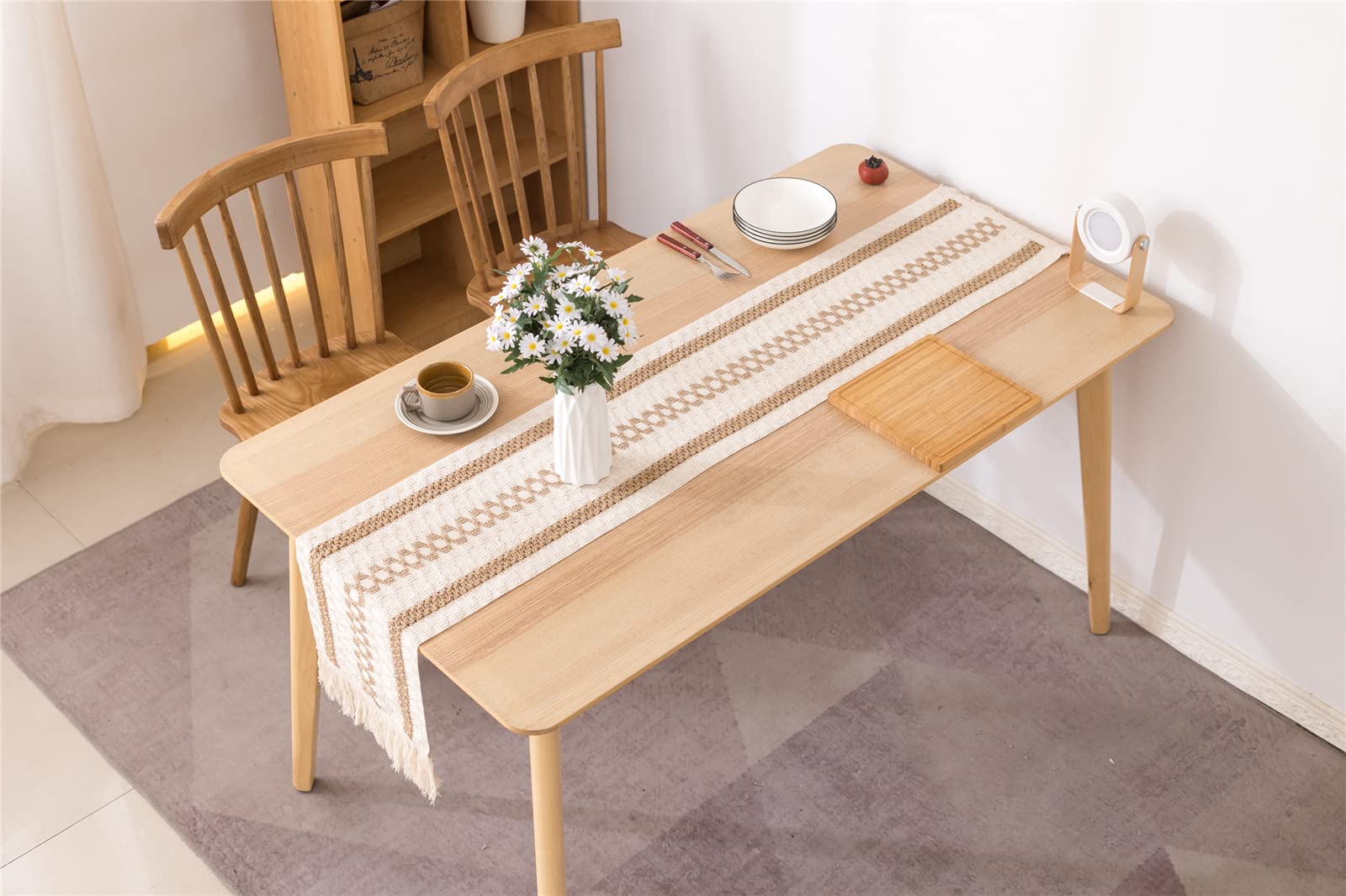 72 Inch Macrame Boho Table Runner with Tassels - Farmhouse Style Bohemian Dining Table Decor for Kitchen, Wedding, and Party Settings
