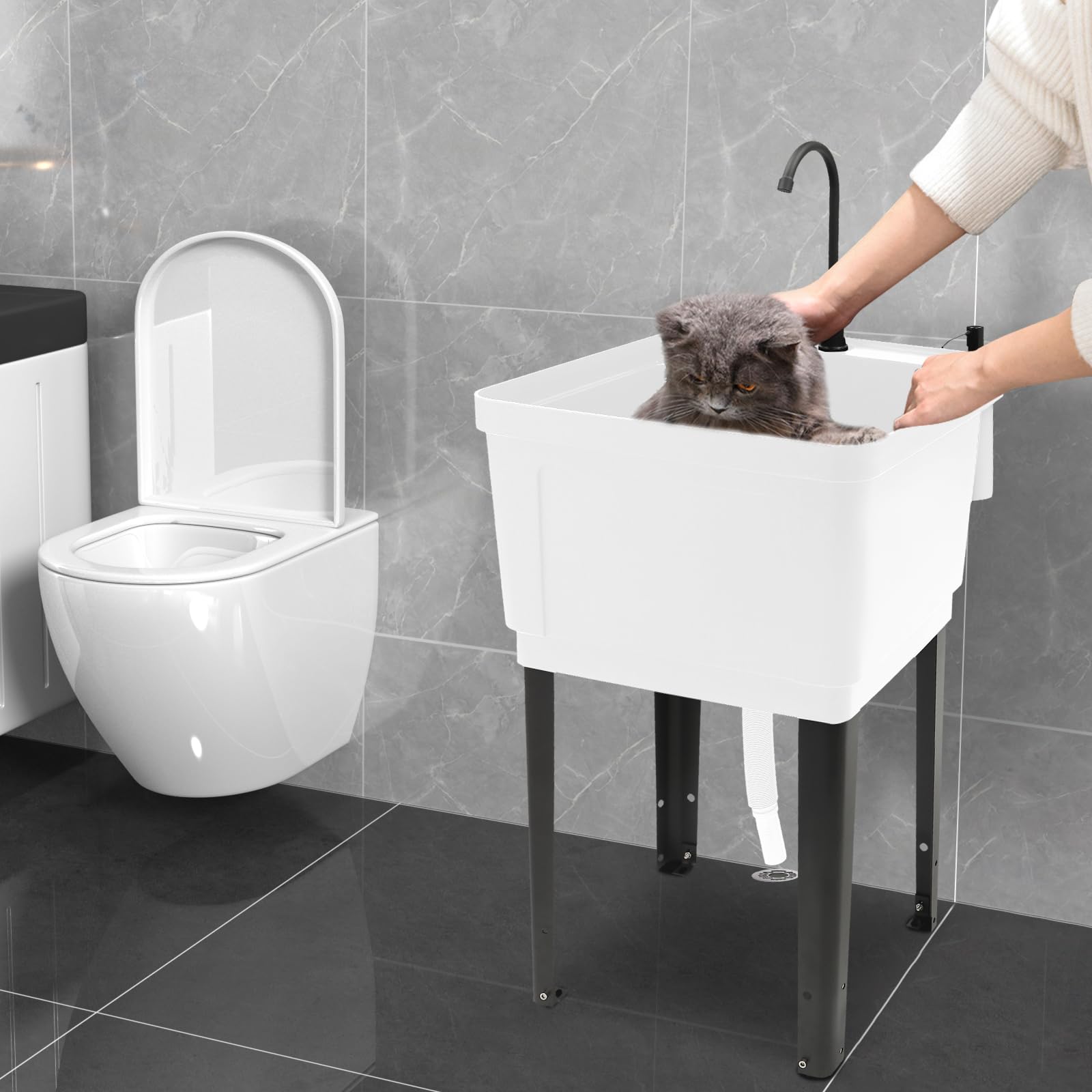 Space Saving Utility Sink with Rotatable Faucet & Soap Dispenser - Freestanding Laundry Tub for Washing Room, Basement, Garage or Workshop (White) - Perfect for Small Spaces, Hand Washing Clothes, and Cleaning Tools