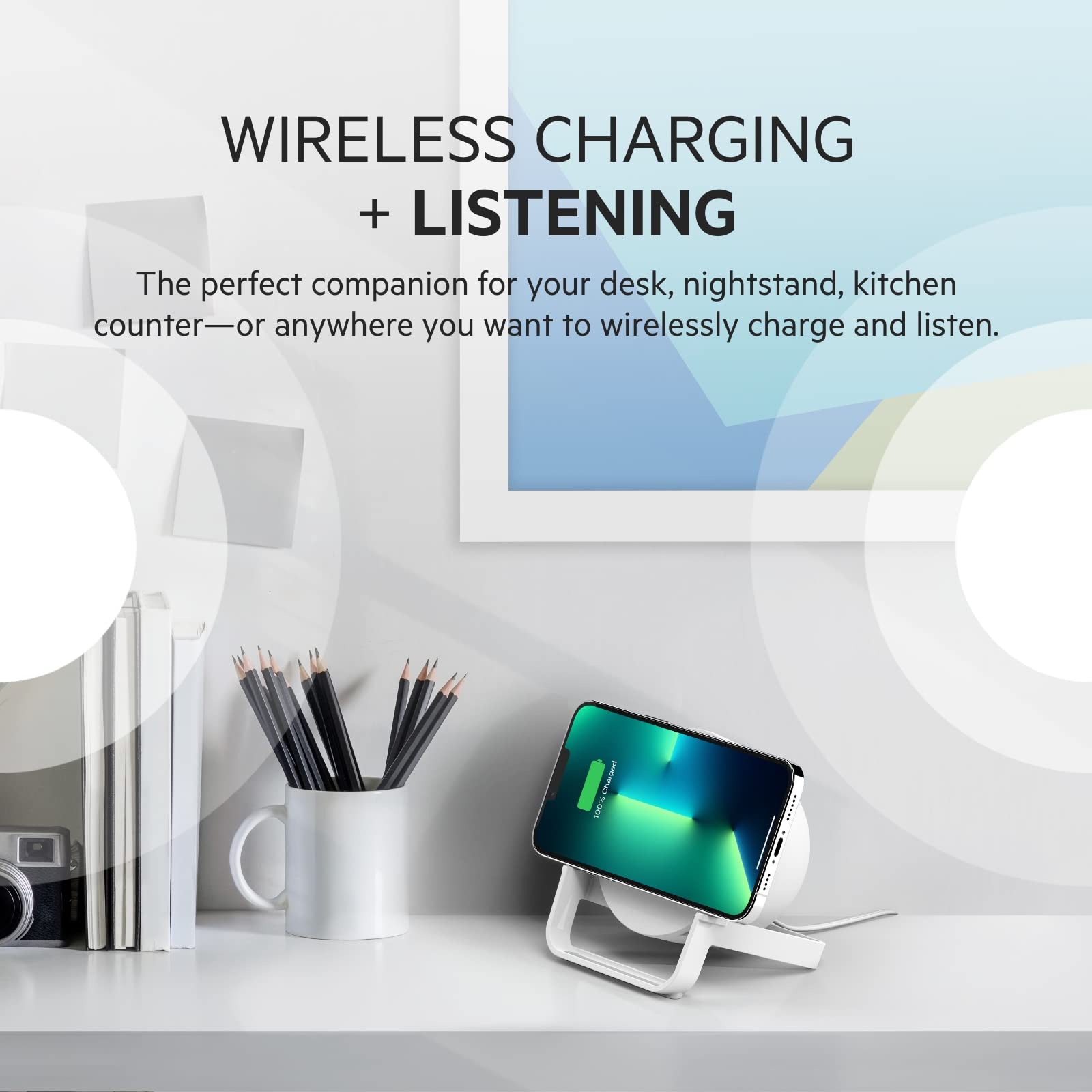 Belkin Quick Charge Wireless Charger with Bluetooth Speaker - Qi-Certified Charging Stand for iPhone 14/13/12, Samsung Galaxy S23/S22/S21 & More - Fast Wireless Charging & Premium Sound for Music, Videos & Video Calls - Perfect for Home, Office & Travel - White