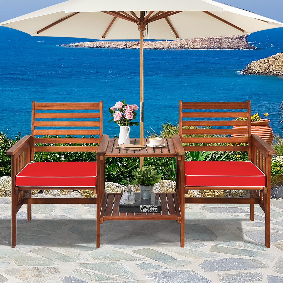 Acacia Wood Loveseat with Table - 2-Piece Outdoor Patio Bistro Set with Cushions & 2.1