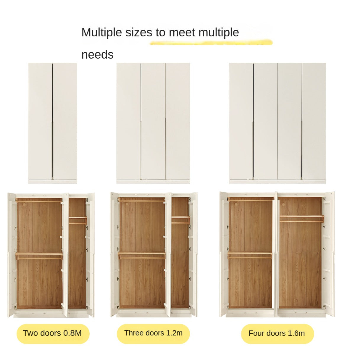 Modern Nordic Style Solid Wood Wardrobe - Beech & Rubber Wood, Cream Finish - Perfect for Bedroom, Living Room, and Office Storage