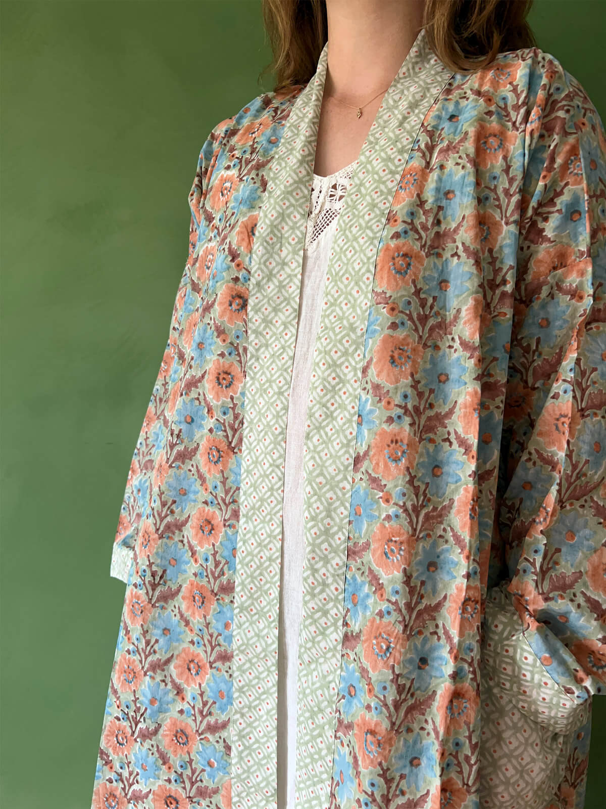 Handmade Block Print Cotton Robe in Duck Egg Blue - Soft & Breathable Loungewear for Women - Perfect for Spa Days, Yoga, and Relaxation at Home