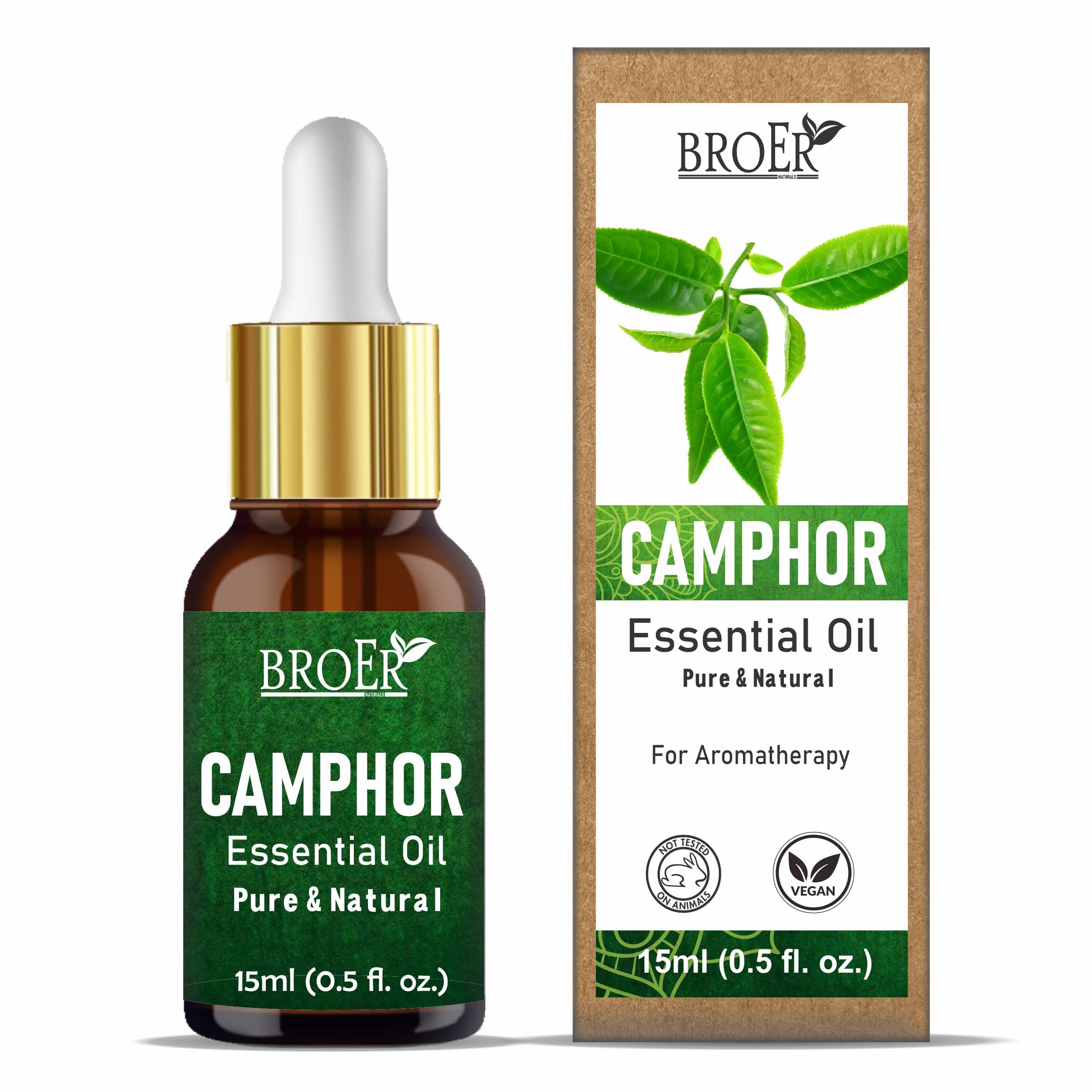 BROER Naturals 100% Pure Camphor Essential Oil - Undiluted Therapeutic Grade for Skin Care, Hair Growth & Aromatherapy | Vegan, Cruelty-Free | 15ml | Perfect for Massage, Diffuser & DIY Beauty Products