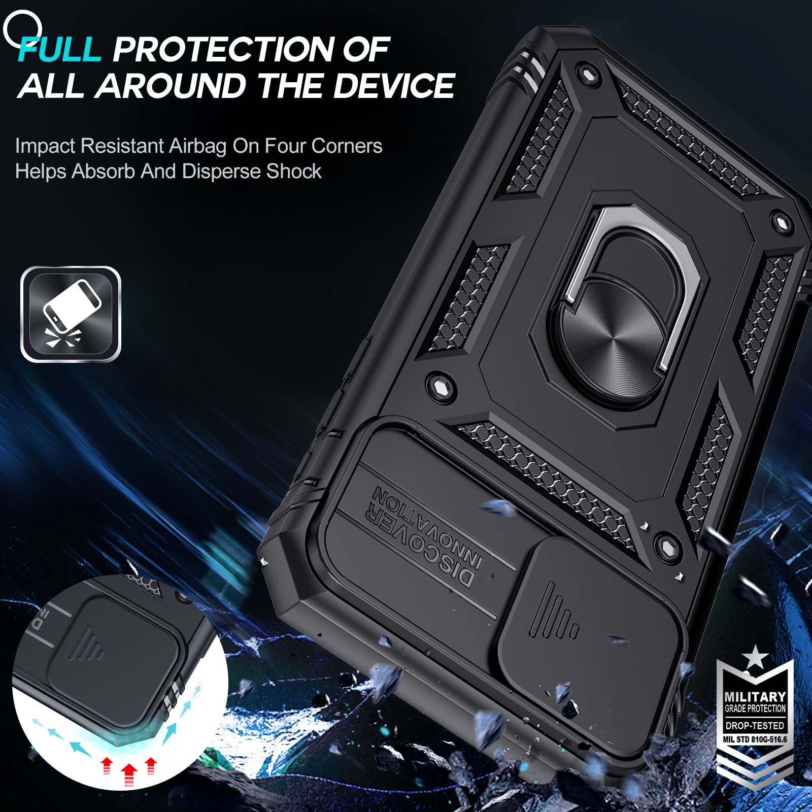 LeYi iPhone XR Case with Slide Camera Cover - Military Grade Full Body Protection + 2 Pack Tempered Glass Screen Protector & Ring Holder - Black | Perfect for Outdoor Activities, Travel and Daily Use