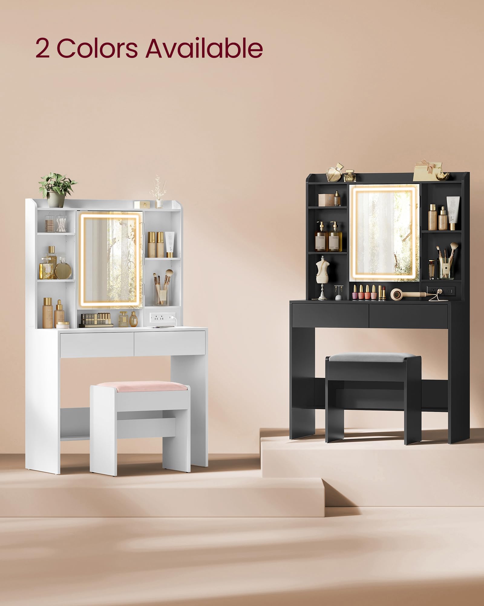 VASAGLE Modern Vanity Desk with Power Outlets & Dimmable LED Lights - Makeup Dressing Table with Mirror, 6 Compartments & 2 Drawers - Includes Upholstered Stool - Perfect for Bedroom, Dorm Room or Beauty Salon (Cloud White URDT031W01)