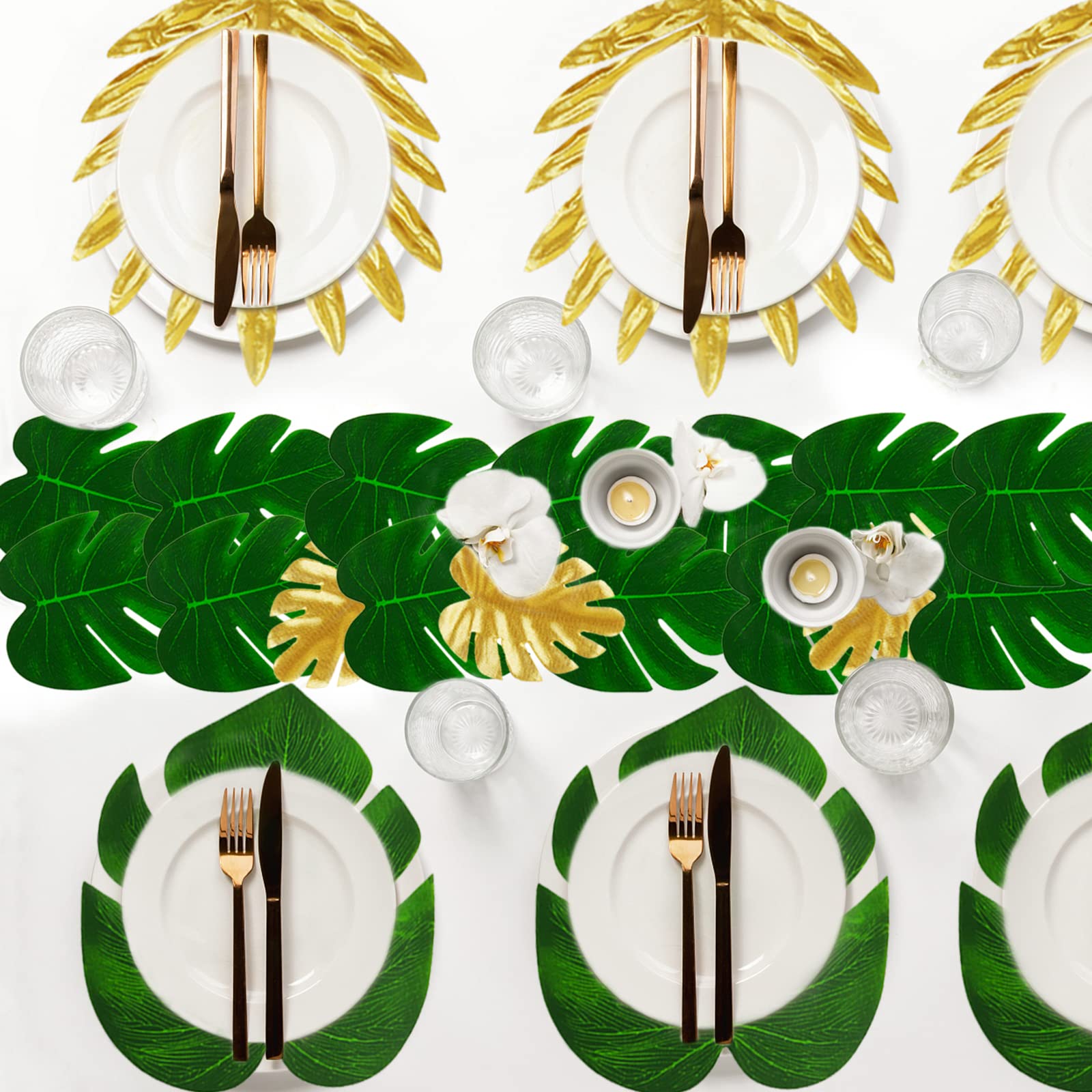 48-Piece Tropical Palm Leaf Decor Set - 4 Styles Faux Monstera & Hawaiian Luau Leaves for Jungle Beach Party, Wedding, Baby Shower & Summer Decorations | Durable Party Table Centerpieces & Wall Decor