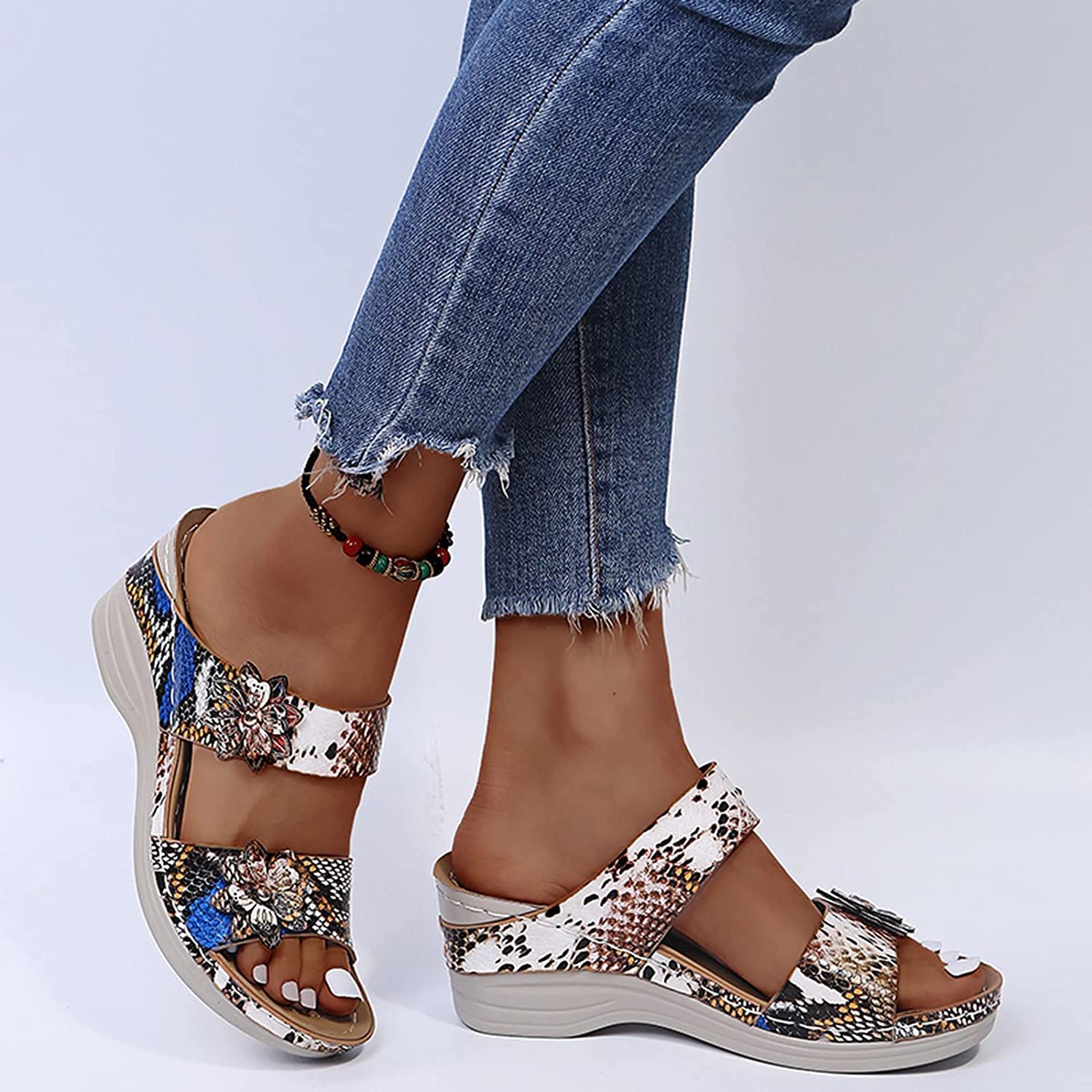 Women's Summer Sandals 2023 - Comfortable Platform Wedge Sandals with Leopard/Snake Print & Floral Decor | Round Toe Slingback High Heels for Beach, Vacation & Casual Outfits