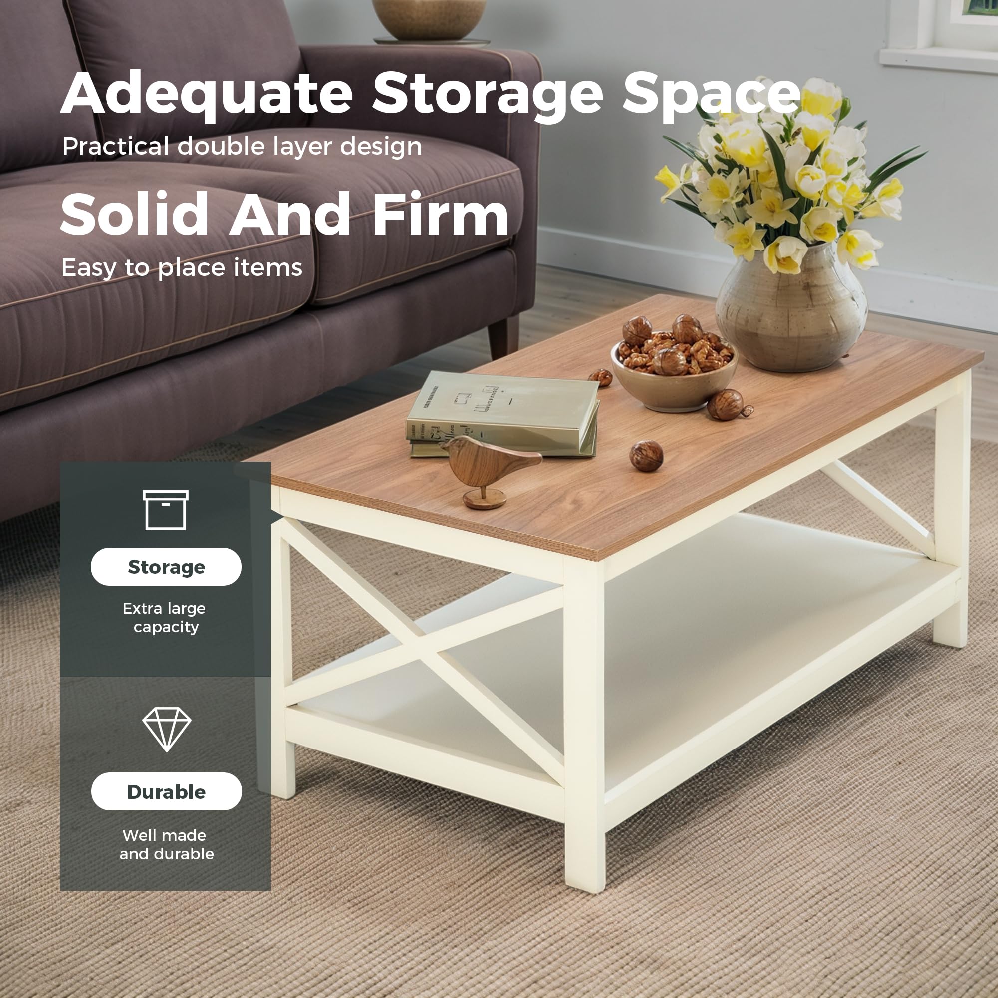 Farmhouse 2-Tier Coffee Table with Storage - Modern Ivory White Living Room Furniture for Small Spaces | Rustic Home Decor, Centerpiece for Family Gatherings & Cozy Nights