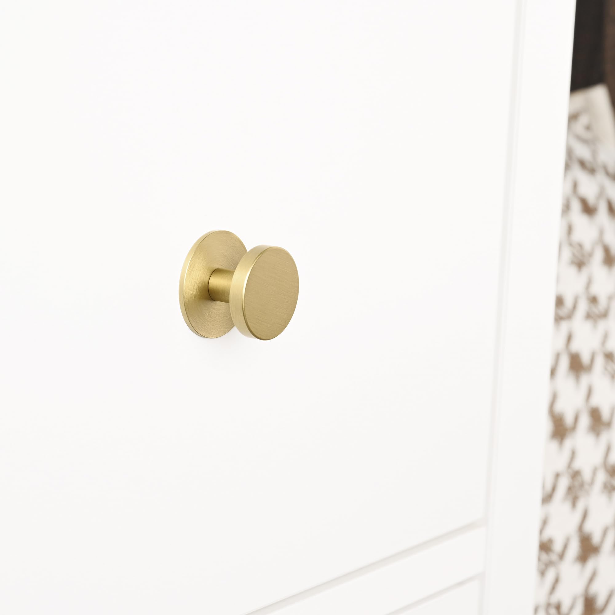 QOGRISUN 10-Pack Solid Brass Cabinet Knobs Back Plates - 1.25 Inch Diameter Rounded Ring Pulls - Brushed Brass Finish Cabinet Hardware for Kitchen, Bathroom & Furniture Upgrade