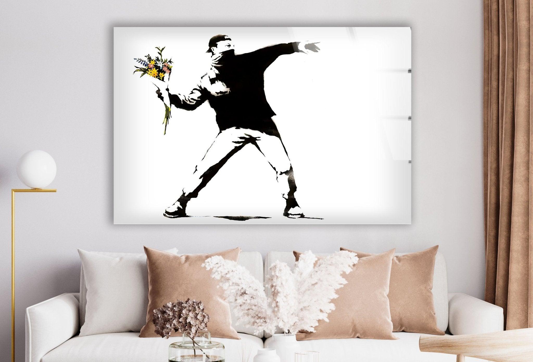 Banksy Flower Thrower Glass Wall Art - Stunning Framed Home Decor for Living Room, Bedroom & Office - Unique Gift Idea for Art Lovers