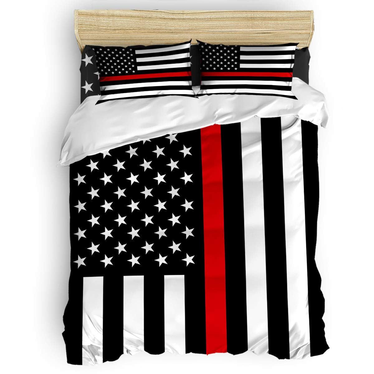 Redline American Flag Duvet Cover Set Full Size - 4 Piece Firefighter Tribute Bedding with Breathable Comforter Cover, Flat Sheet & Pillowcases | Patriotic Bedroom Decor for Firefighters, Military & USA-Themed Rooms