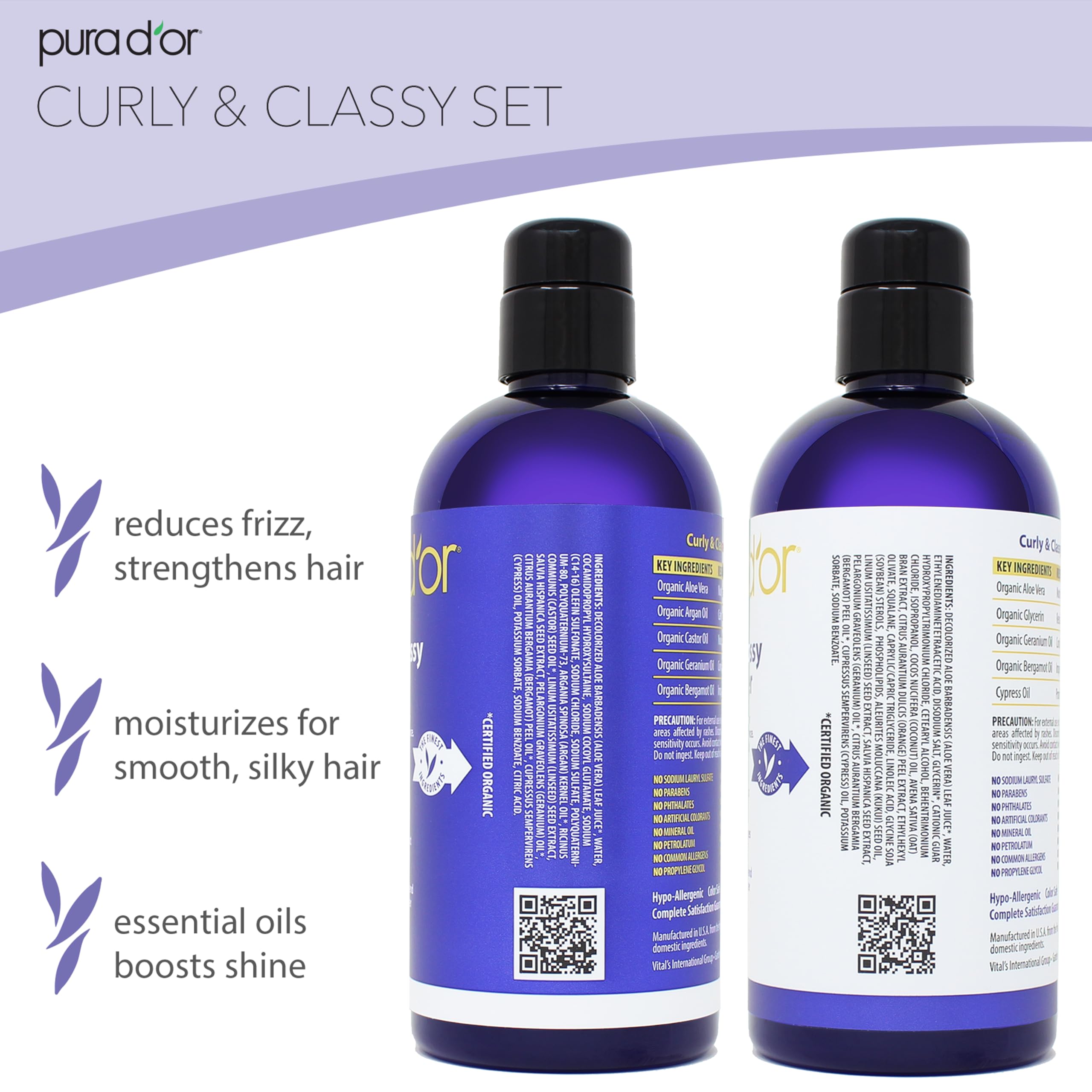PURA D'OR Curly Hair Shampoo & Conditioner Set for Defined Curls - Nourishing Formula with Argan, Castor, Geranium, Coconut & Kukui Seed Oils - Hydrating & Frizz Control for Wavy, Coily & Curly Hair - Perfect for Daily Hair Care Routine