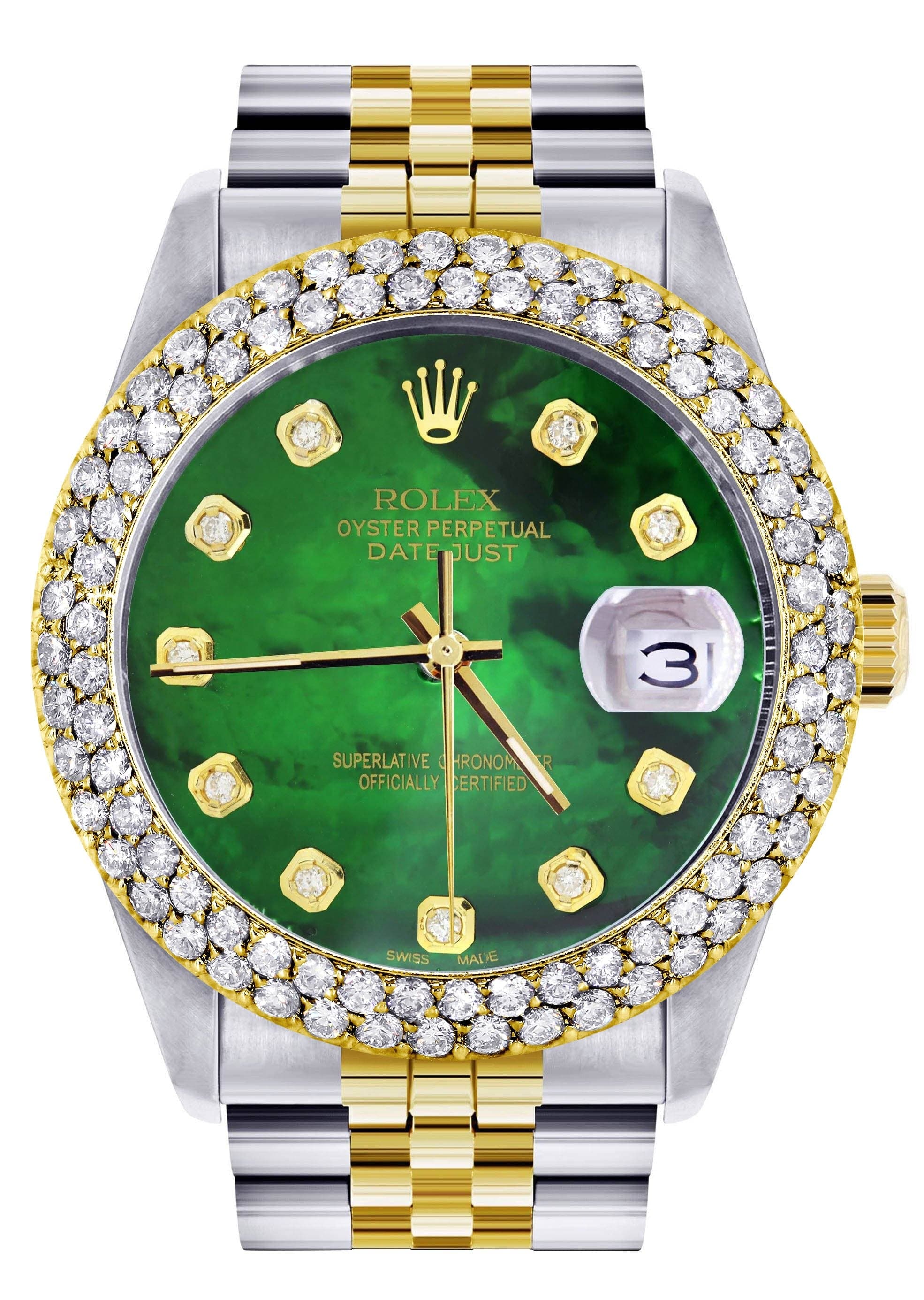 Luxury Diamond Gold Rolex Watch For Men 16233 | 36mm Green Mother of Pearl Dial | 4.25 Carat Two Row Bezel | Jubilee Band | Perfect for Business, Gifting & Special Occasions
