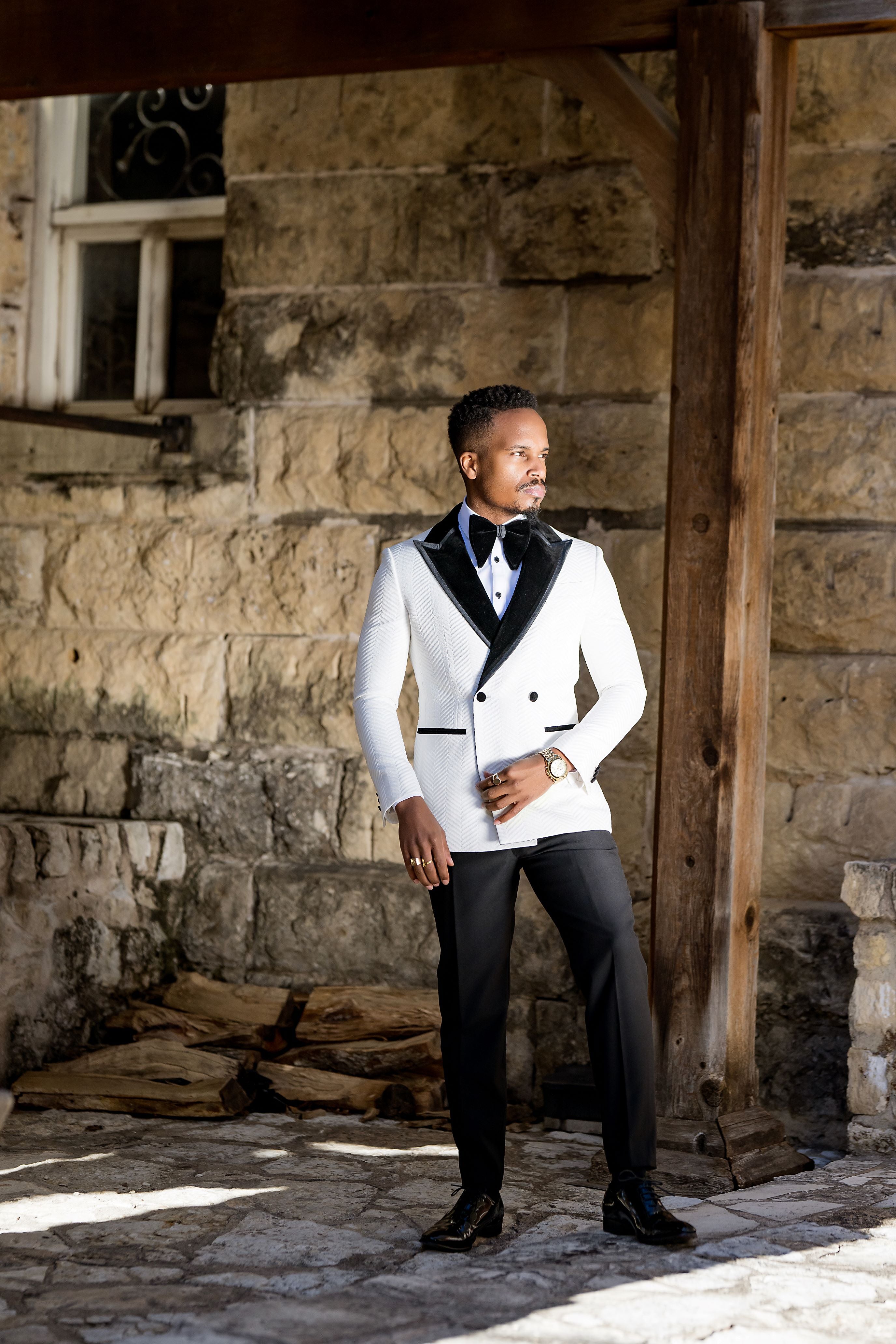 Custom Tailored White Herringbone Peak Lapel Tuxedo Suit - The Majestic Blanc | Perfect for Weddings, Prom & Black Tie Events