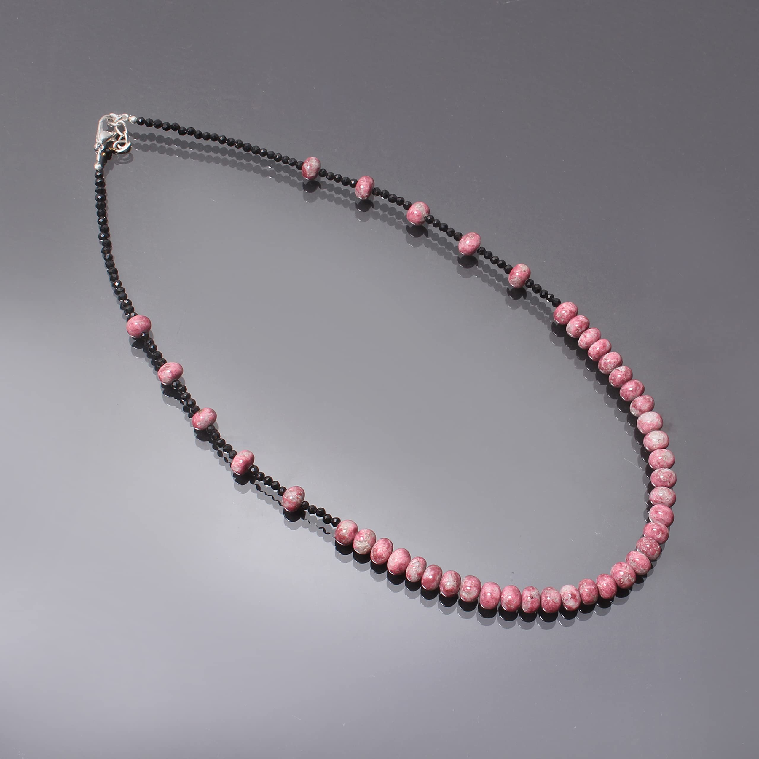 Handmade 925 Sterling Silver Thulite and Black Spinel Beaded Necklace with Adjustable Chain - Elegant Multi-Gemstone Jewelry for Women, Perfect Gift for Birthday, Anniversary & Special Occasions