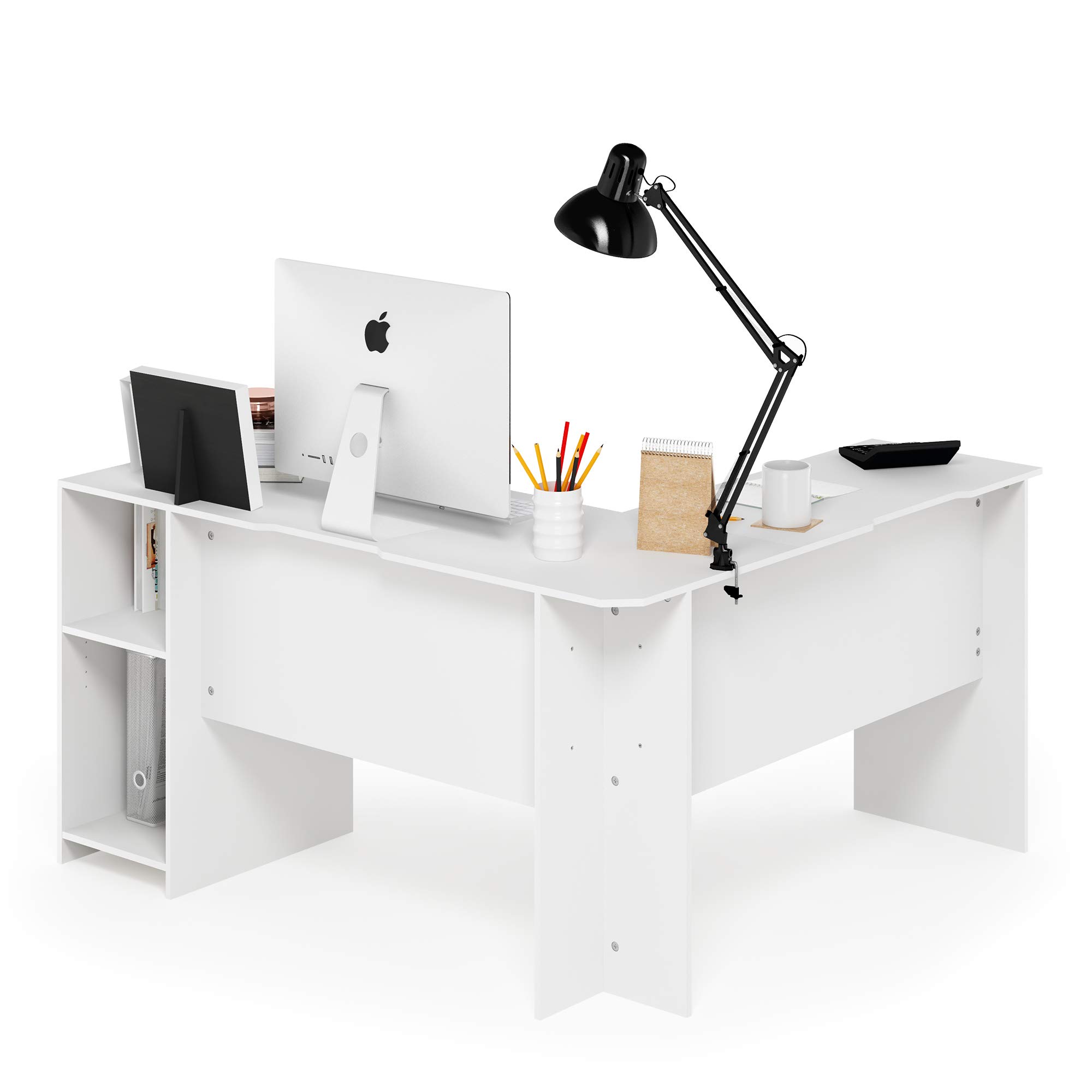 Furinno Indo L-Shaped Computer Desk with Bookshelf - White Home Office Desk for Small Spaces, Gaming & Study Workstation - Compact Corner Desk with Storage Shelf for PC, Laptop & Books