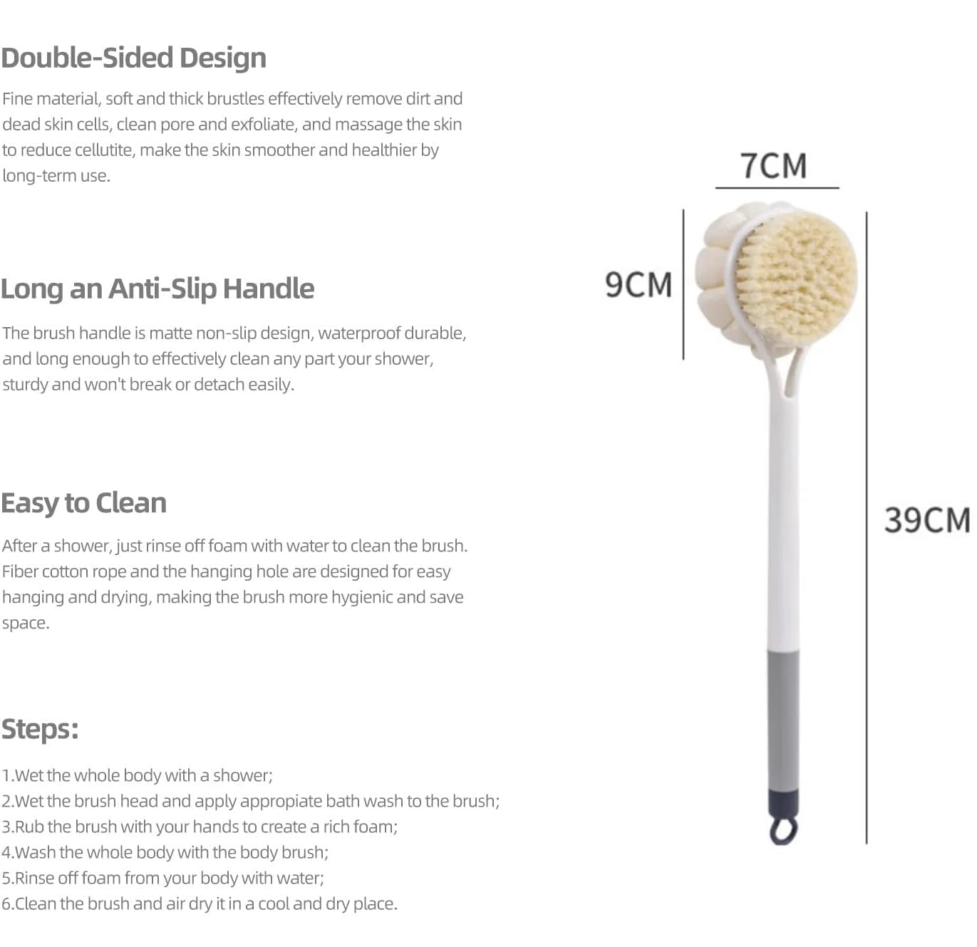 KIMEE 2-in-1 Body Bathing Brush with Soft Bristles & Loofah Back Scrubber - Exfoliating & Cleansing Shower Brush with Long Handle for Smooth Skin - Perfect for Men & Women - Ideal for Daily Shower Routine, Spa Days & Skin Care Regimen