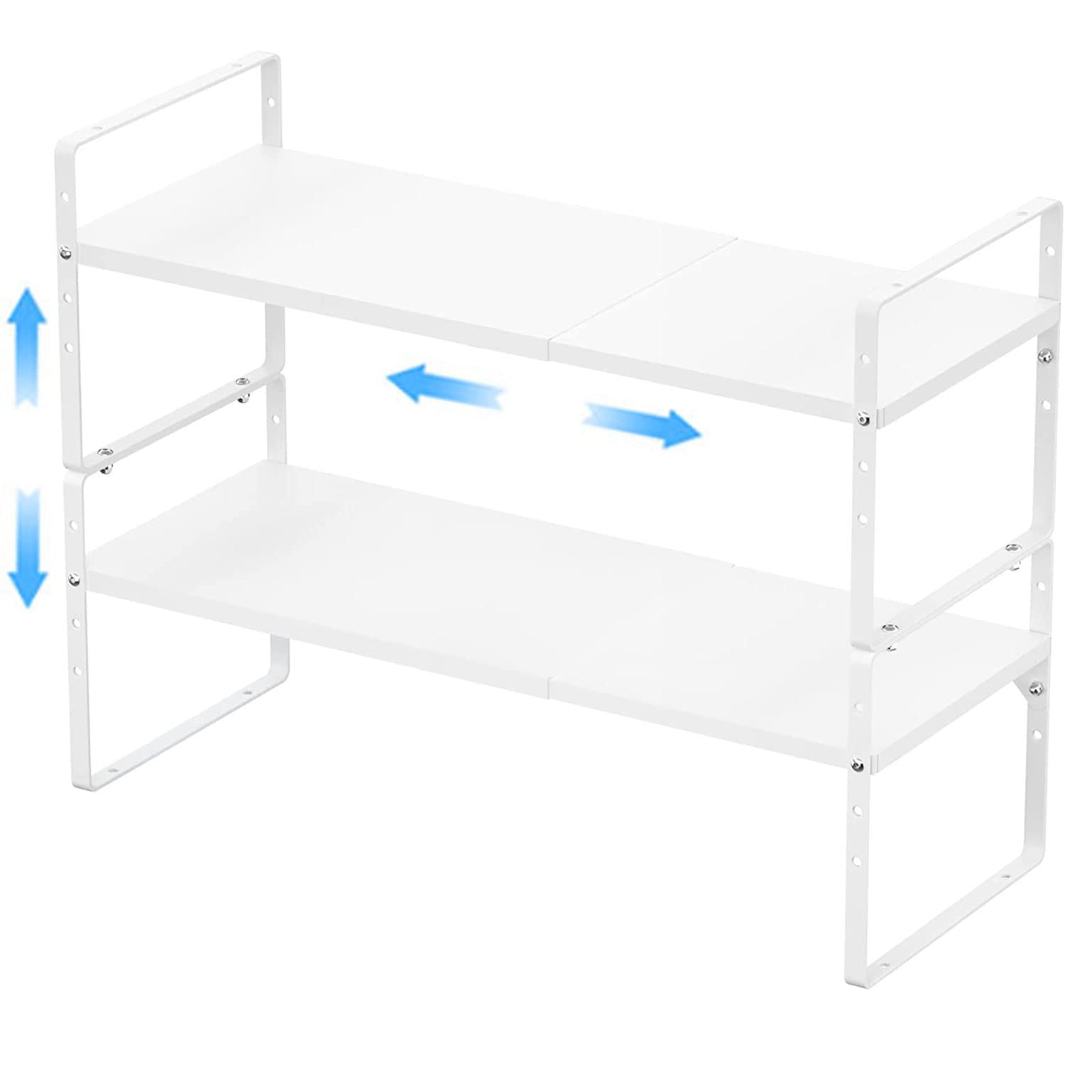 Expandable Kitchen Cabinet Shelf Organizers 2 Pack - Stackable Metal Pantry Storage Rack, Adjustable Counter Shelf for Cabinets & Countertops - Space Saving Cupboard Organizers for Spices, Cans & Kitchen Supplies (White) - Perfect for Small Kitchens & Pantry Organization