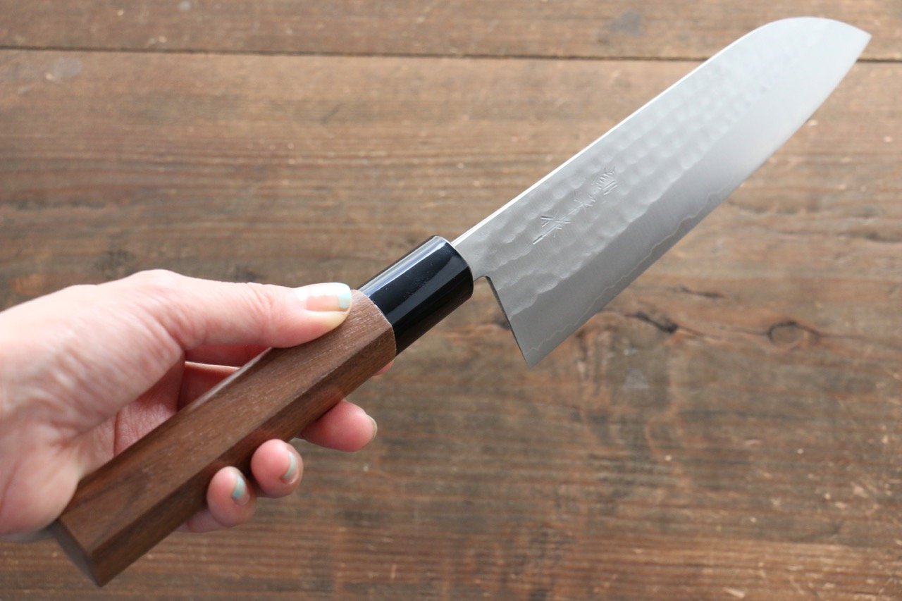 Premium Kunihira Tanzo VG1 Hammered Santoku Knife 170mm - Japanese Chef Knife with Walnut Handle - Perfect for Slicing, Dicing & Chopping Vegetables, Meat & Fish