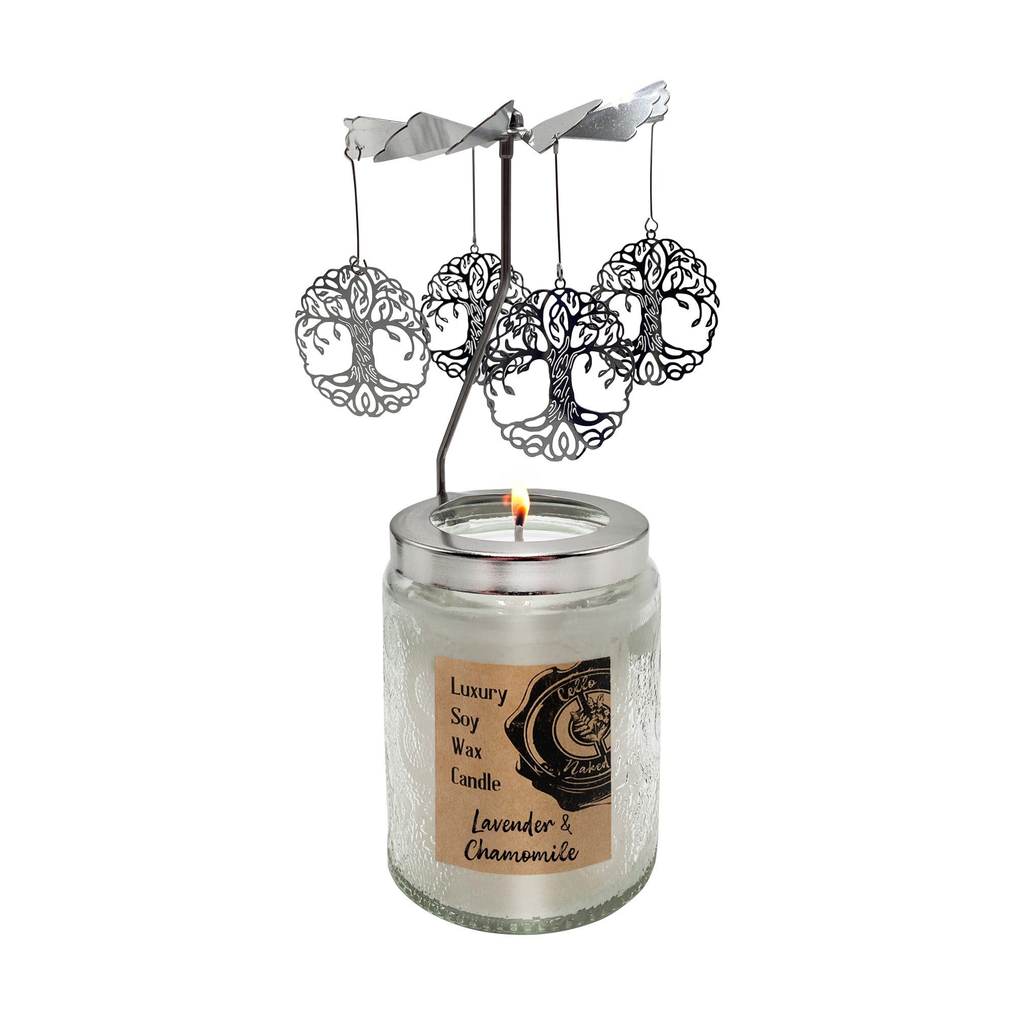 Premium Cello Naked Candle with Convection Spinner - Lavender & Chamomile Scented Soy Wax Candle for Relaxation, Aromatherapy & Home Decor | Perfect for Bedroom, Bathroom & Meditation Spaces