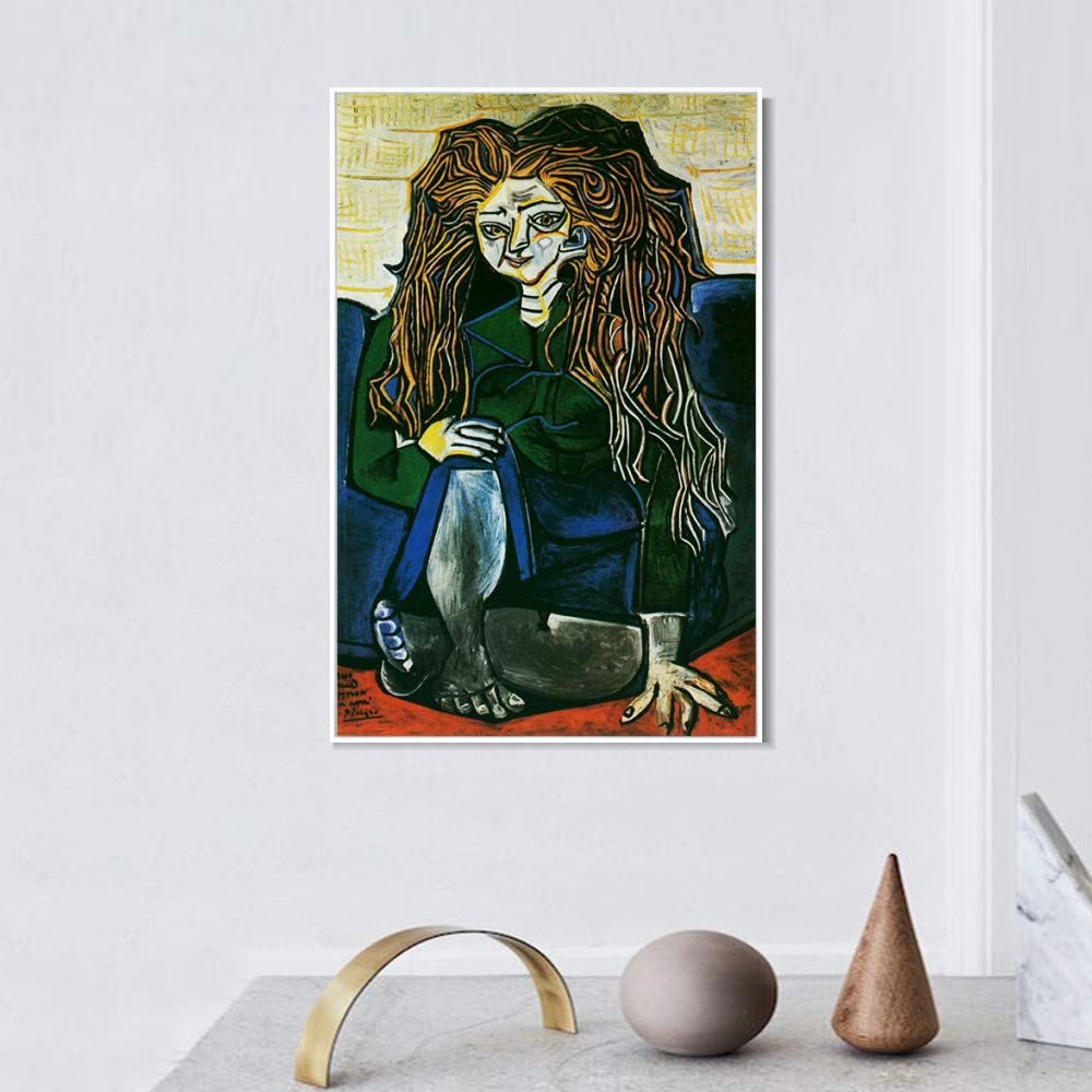 Pablo Picasso Framed Canvas Giclee Print - 1951 Portrait de Madame Helene Parmelin sur Fond Vert - 20x28 Inch Wall Art for Living Room, Home Office Decor (White Slim Frame) | Premium Museum-Quality Reproduction for Art Lovers & Interior Design