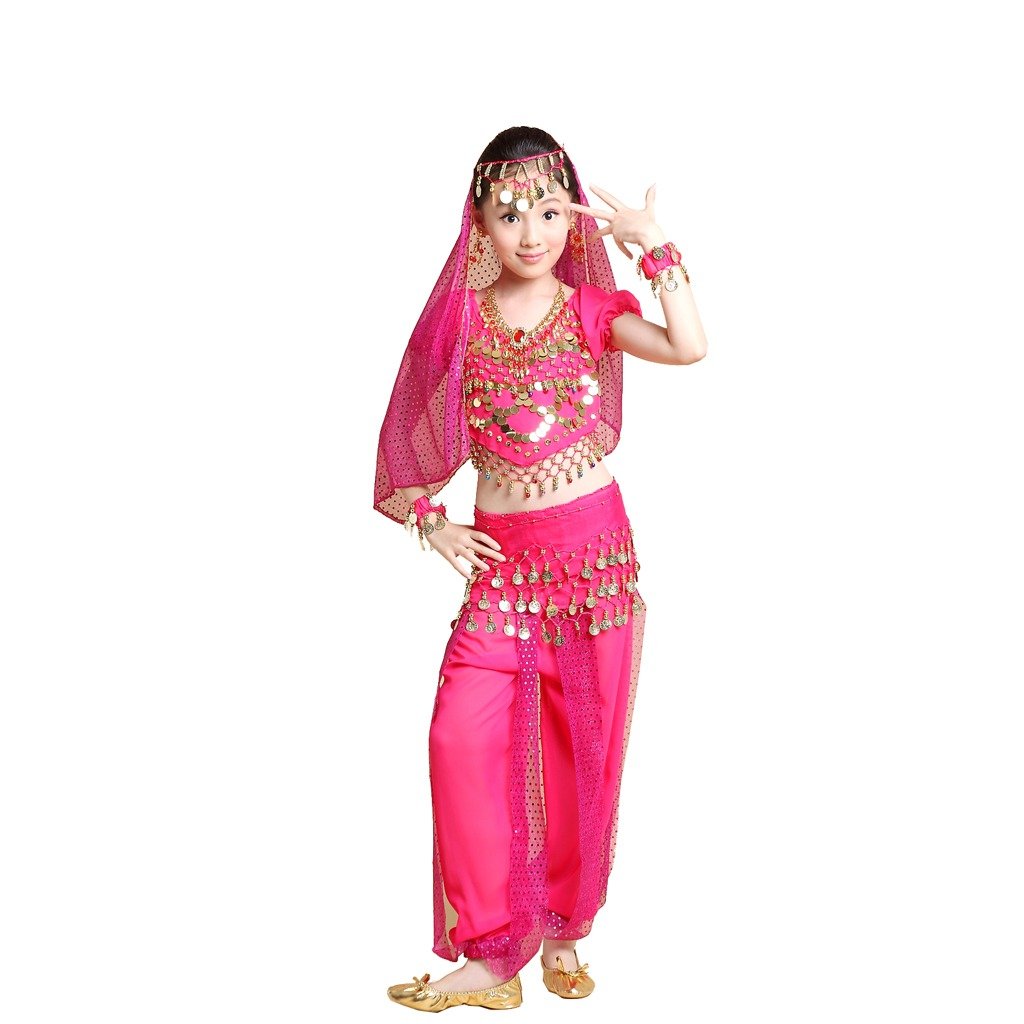 Pilot-Trade 3-Piece Indian Dance Dress Set for Kids - Dark Pink Belly Dance Costume for Halloween & Cultural Performances | Perfect for Dance Recitals, Diwali Celebrations & Costume Parties