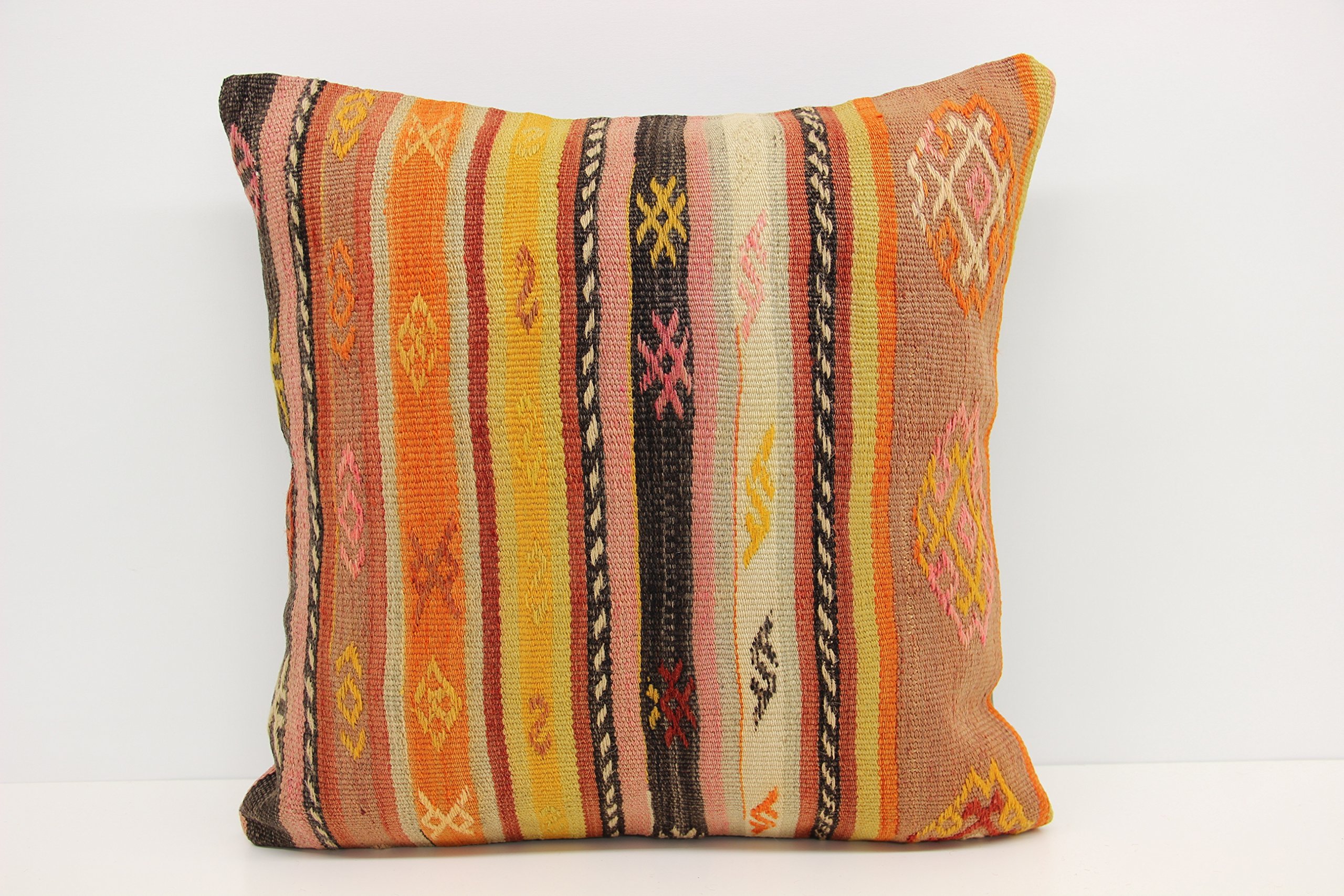 Handmade Organic Kilim Pillow Cover 20x20 Inch (50x50 cm) - Bohemian Sofa Decor, Ethnic Cushion Cover for Living Room, Bedroom & Outdoor Use