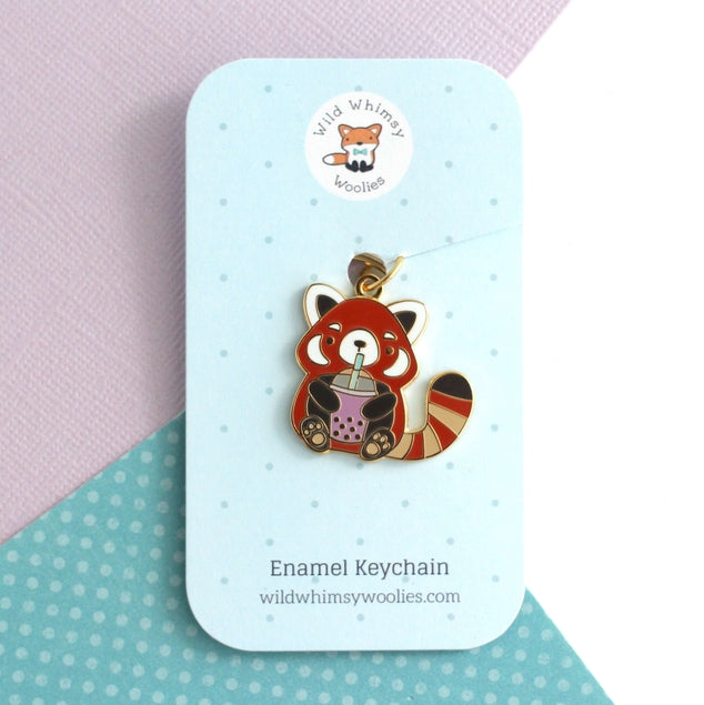 Cute Red Panda Bubble Tea Enamel Keychain - Kawaii Animal Accessories for Backpacks, Bags & Gifts