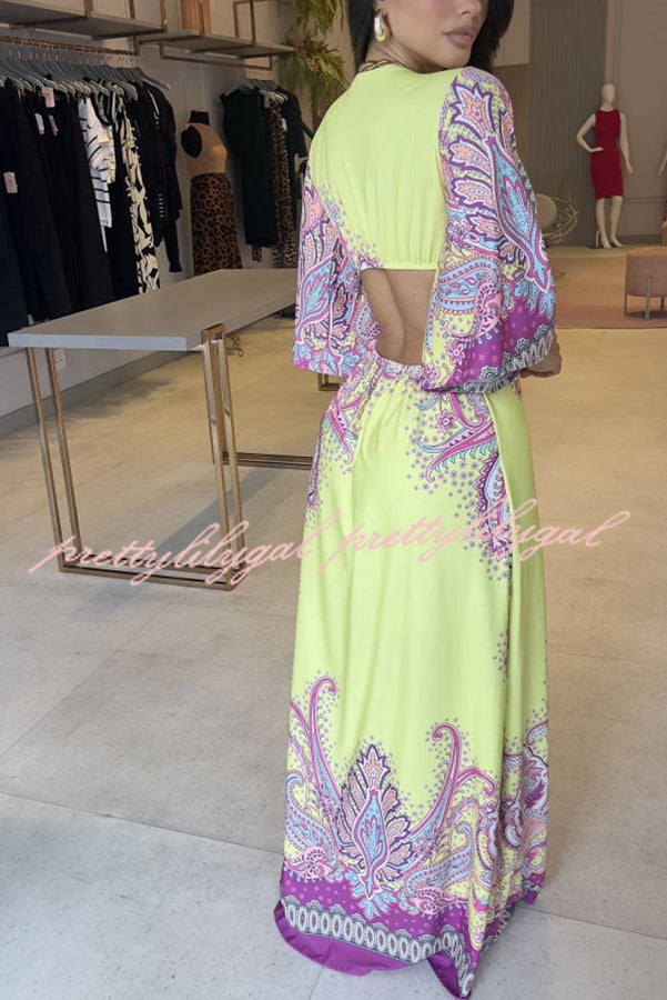 Elegant Palace Style Print Bell Sleeve Backless Maxi Dress for Women | Flowy Vacation & Beach Dress | Perfect for Summer Parties, Weddings & Tropical Getaways