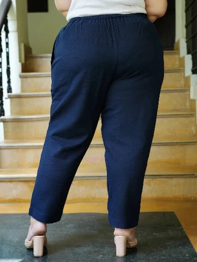 Plus Size Women's Blue Cotton Trousers Pants - Comfortable High Waist Stretch Pants for Work, Office & Casual Wear - Fast UK Next Day Delivery