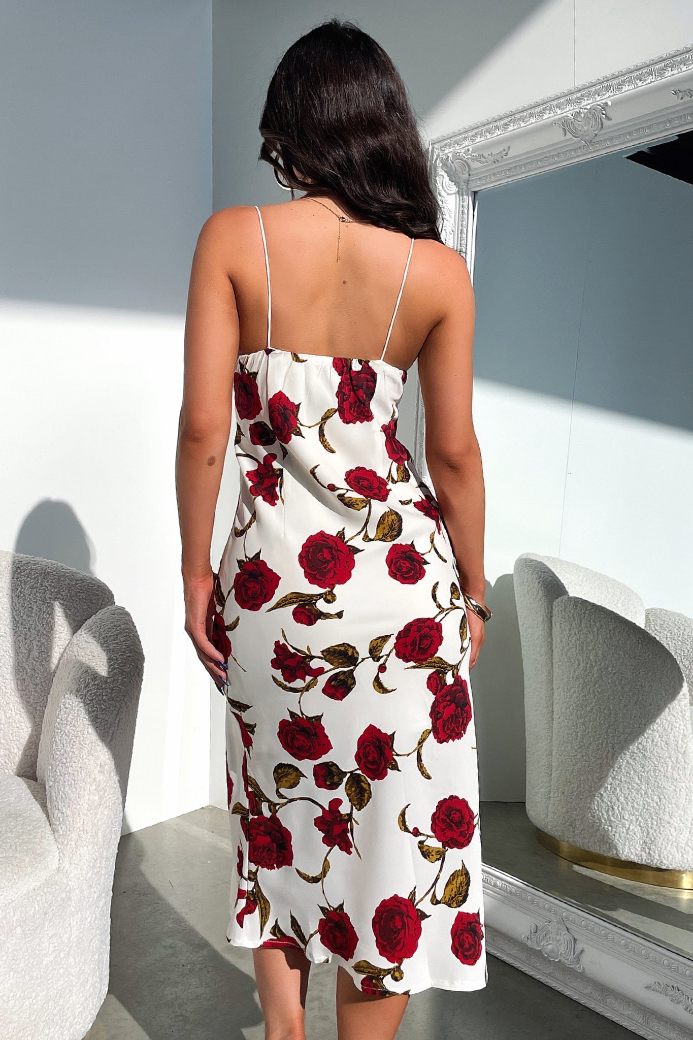 Jennifer Satin Midi Dress - Elegant Rose Floral Print for Women | Perfect for Cocktail Parties, Weddings & Date Nights