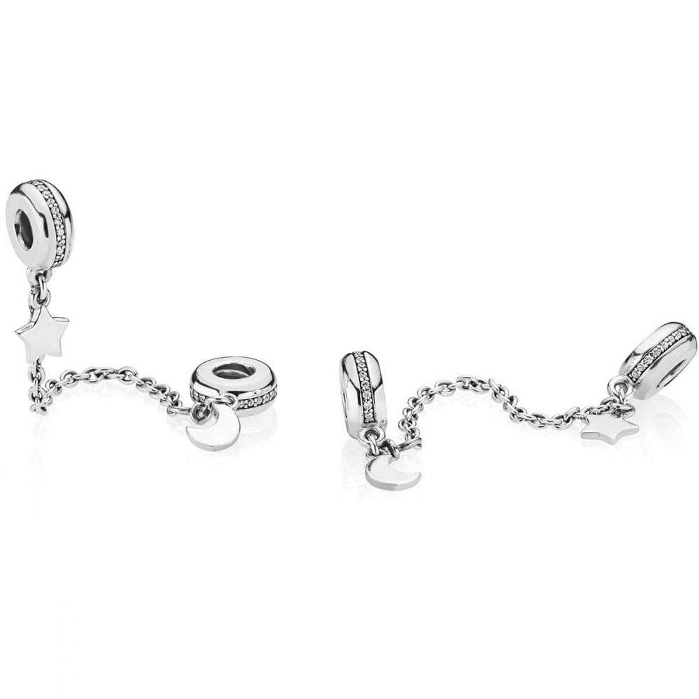 Mini Jewelry Moon Star Safety Link Chain Charm for Pandora Moments Bracelets - Sterling Silver Women's Bracelet - Perfect for Gifts, Parties & Everyday Wear