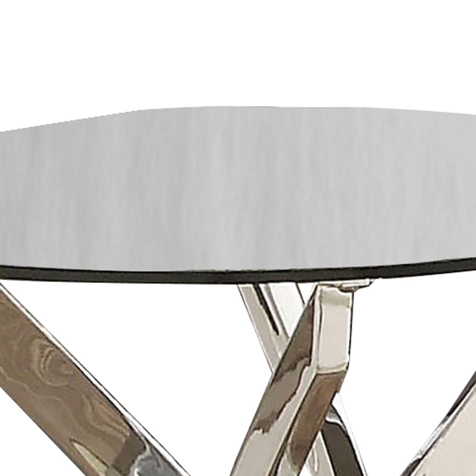 Benjara Round Glass Top End Table with Criss Cross Metal Base - Silver & Clear Accent Table for Living Room, Bedroom, or Office Decor
