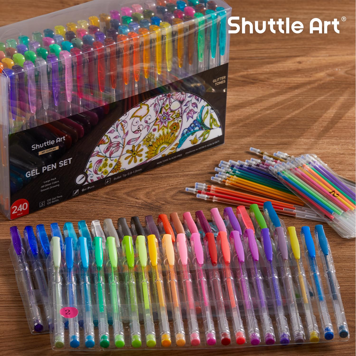 Shuttle Art 240 Pack Glitter Gel Pens Set - 120 Vibrant Colors with 120 Refills for Adult Coloring Books, Bullet Journaling, Scrapbooking & DIY Crafts - Perfect for Artists, Students & Creative Projects