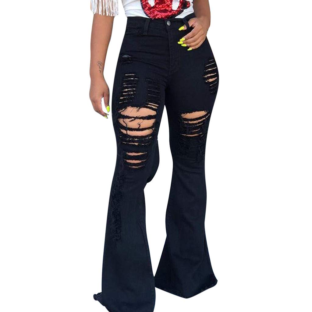 Women's Skinny Flare Jeans - Mid Waist Extra Wide Bell Bottom with Extreme Tear Destroyed Details | Trendy Stretch Denim Pants for Casual Outfits & Night Out