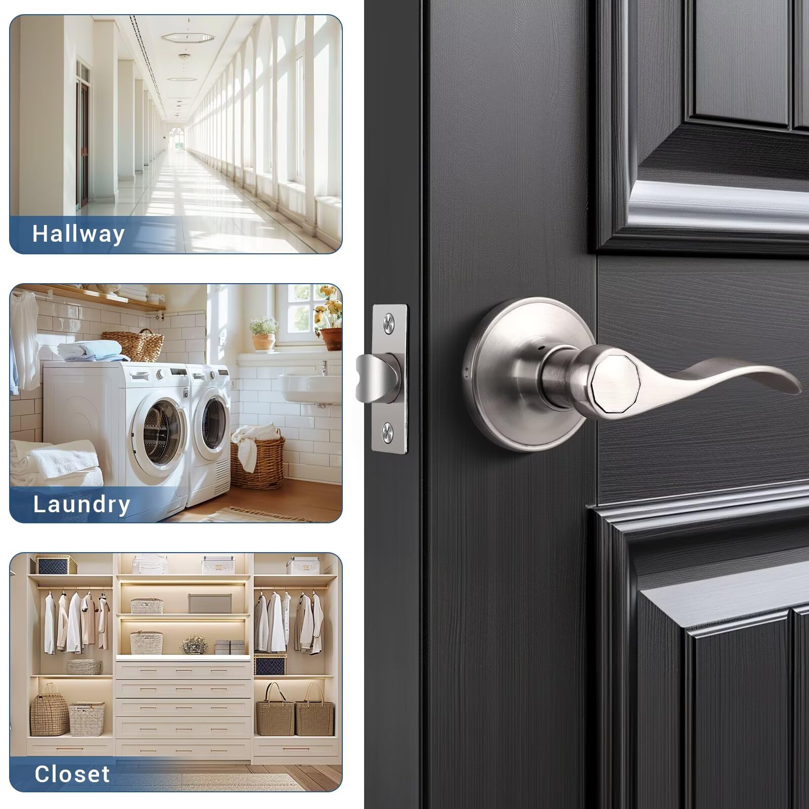 5 Pack Keyless Pantry Door Lock - Satin Nickel Closet & Interior Door Handle - Durable Zinc Alloy Construction - Perfect for Kitchen Cabinets, Storage Rooms & Child Safety