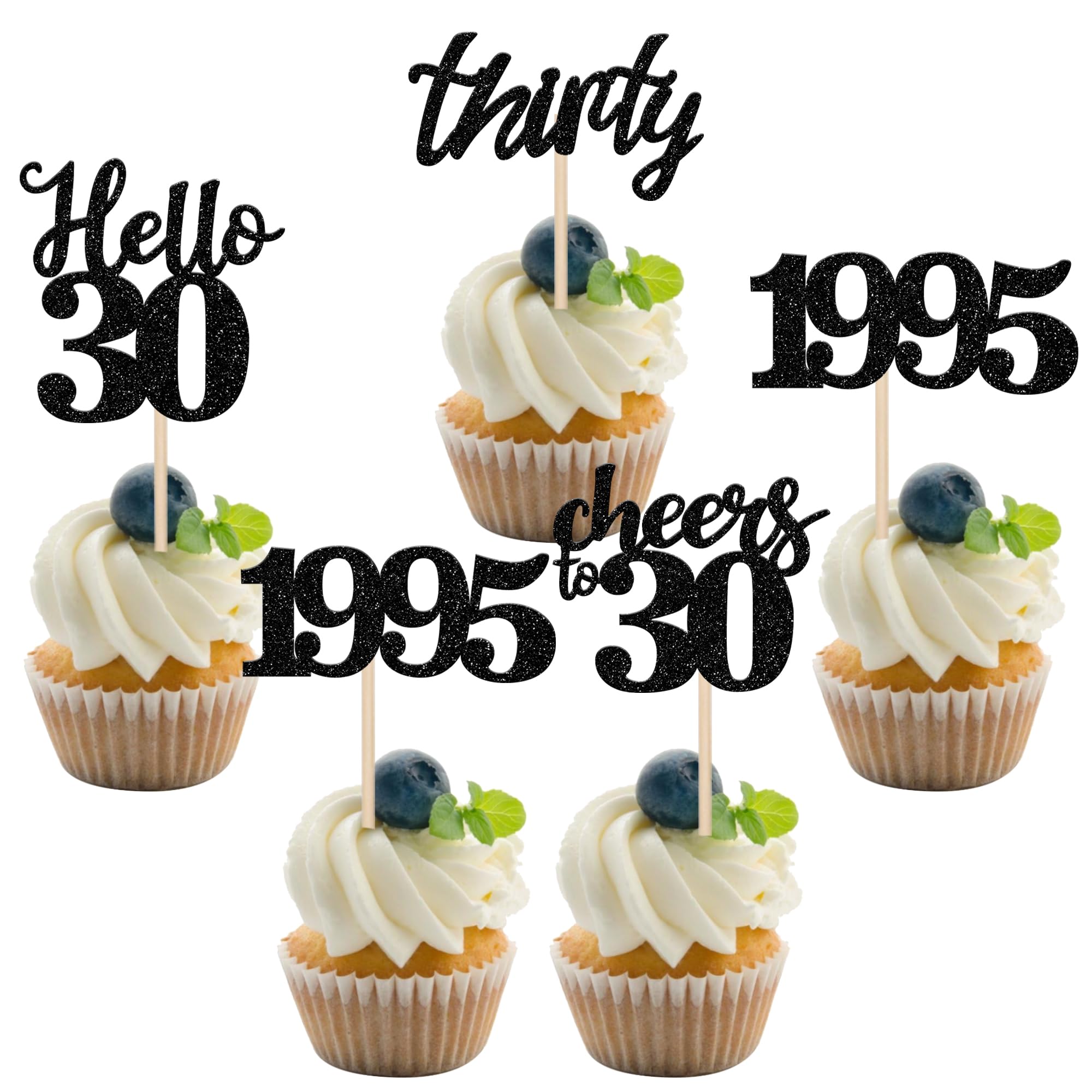 24 PCS Black Glitter 30th Birthday Cupcake Toppers - Hello 30, Cheers to 30 Since 1995 - Cake Decorations for 30th Birthday Party, Anniversary Celebration & Milestone Events