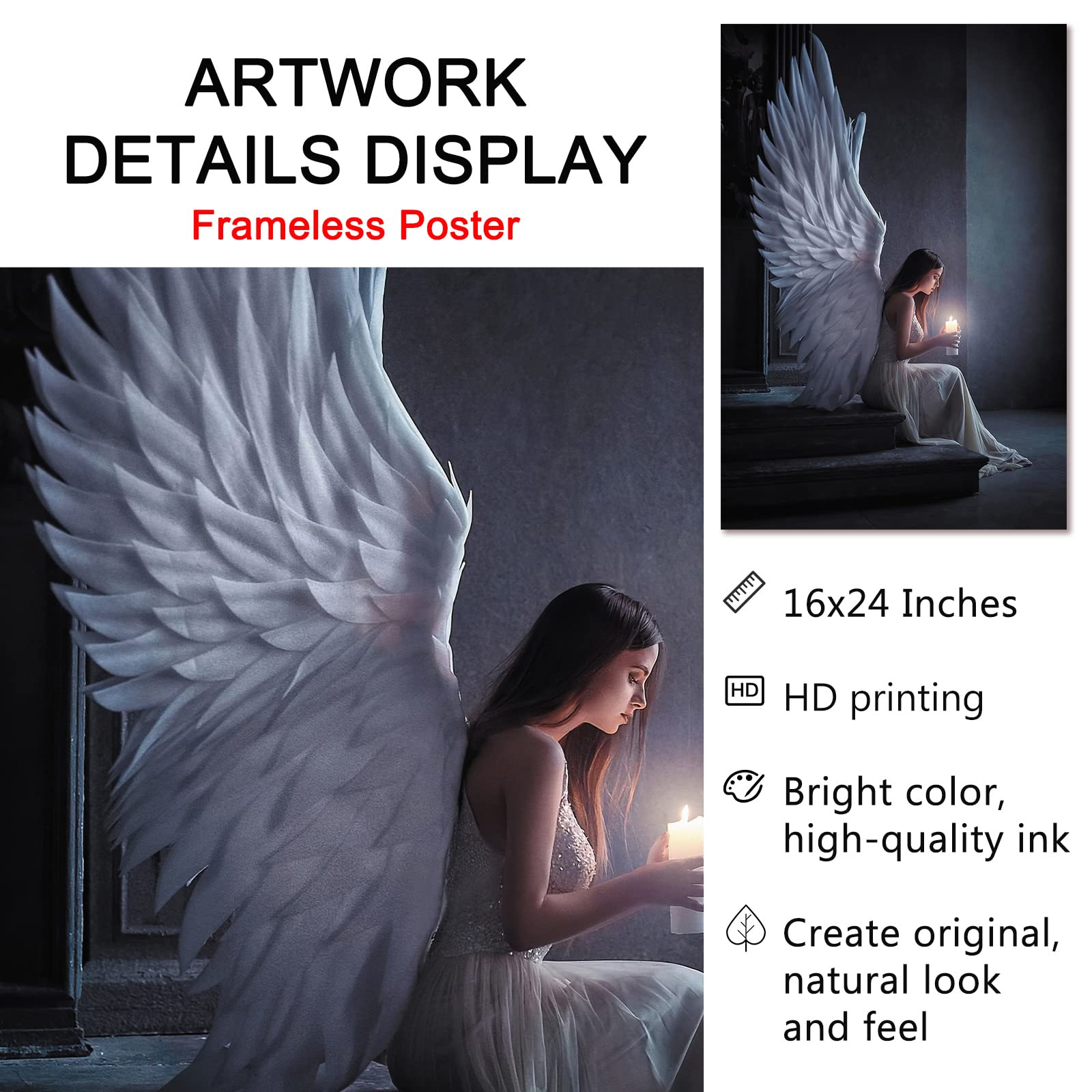White Angel Painting - Modern Black & White Angel Wings Poster, Praying Woman Wall Art, Dark Blue Abstract Canvas Art (16x24in Unframed) - Perfect for Home Decor, Bedroom Aesthetic & Spiritual Spaces
