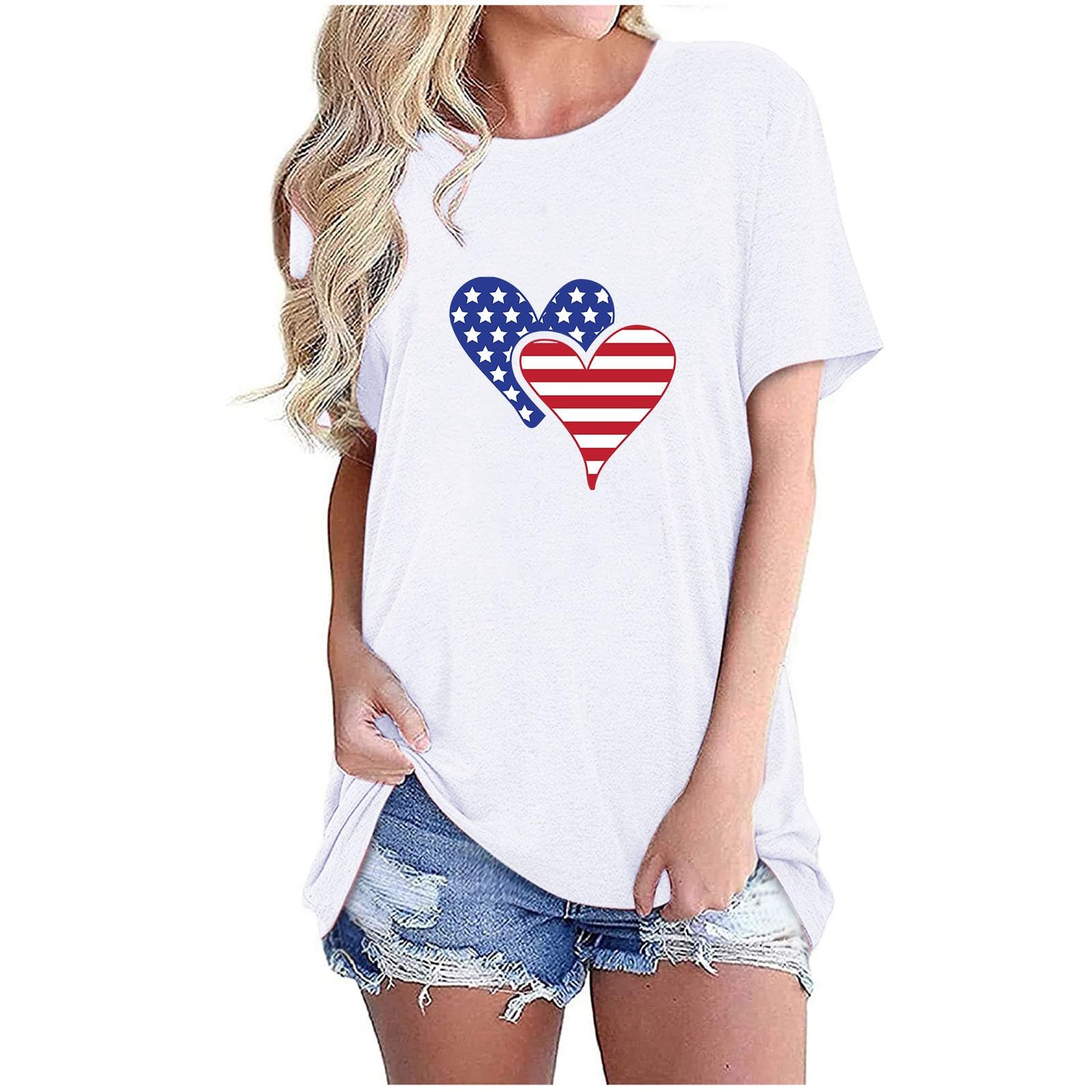 Trendy Funny American Flag Love Printed Women's T-Shirt - Round Neck Short Sleeve Casual Basic Tee for Business & Everyday Wear - Loose Fit Comfortable Top for Summer Outfits, Parties and Patriotic Events