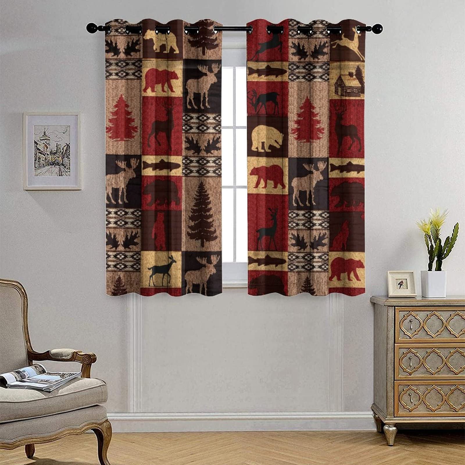 Retro Rustic Bear Deer Blackout Curtains - Farmhouse Cabin Bear Moose Red Black Buffalo Check Plaid Grommet Window Drapes, Thermal Insulated Energy Saving Curtain Set for Living Room, Nursery, Bedroom & Cabin - Perfect for Cozy Winter Nights and Light Blocking