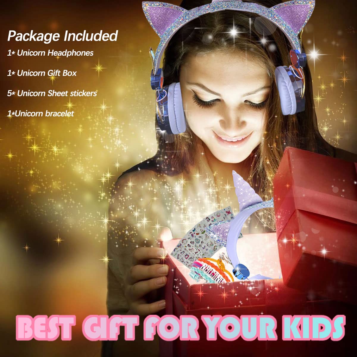 Unicorn Cat Ear Bluetooth 5.0 Wireless Headphones for Kids - Foldable Over-Ear Headset with Mic for iPhone, iPad, Laptop, PC, TV, PS4 & Xbox One - Perfect Gaming Gift for Girls & Teens (Blue) - Ideal for School, Travel & Gaming