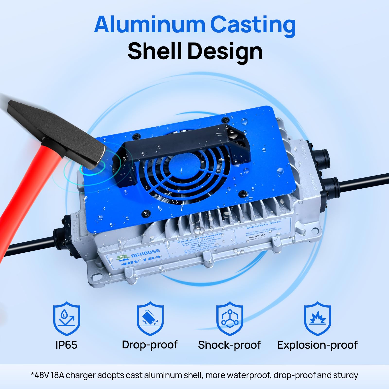 48V 18A 900W Lithium Battery Fast Charger with Cooling Fan - IP65 Waterproof & Anti-Fall - ≥93% Charging Efficiency - Compatible with Golf Carts, Forklifts, Marine Batteries - Perfect for Outdoor, Industrial & Marine Applications