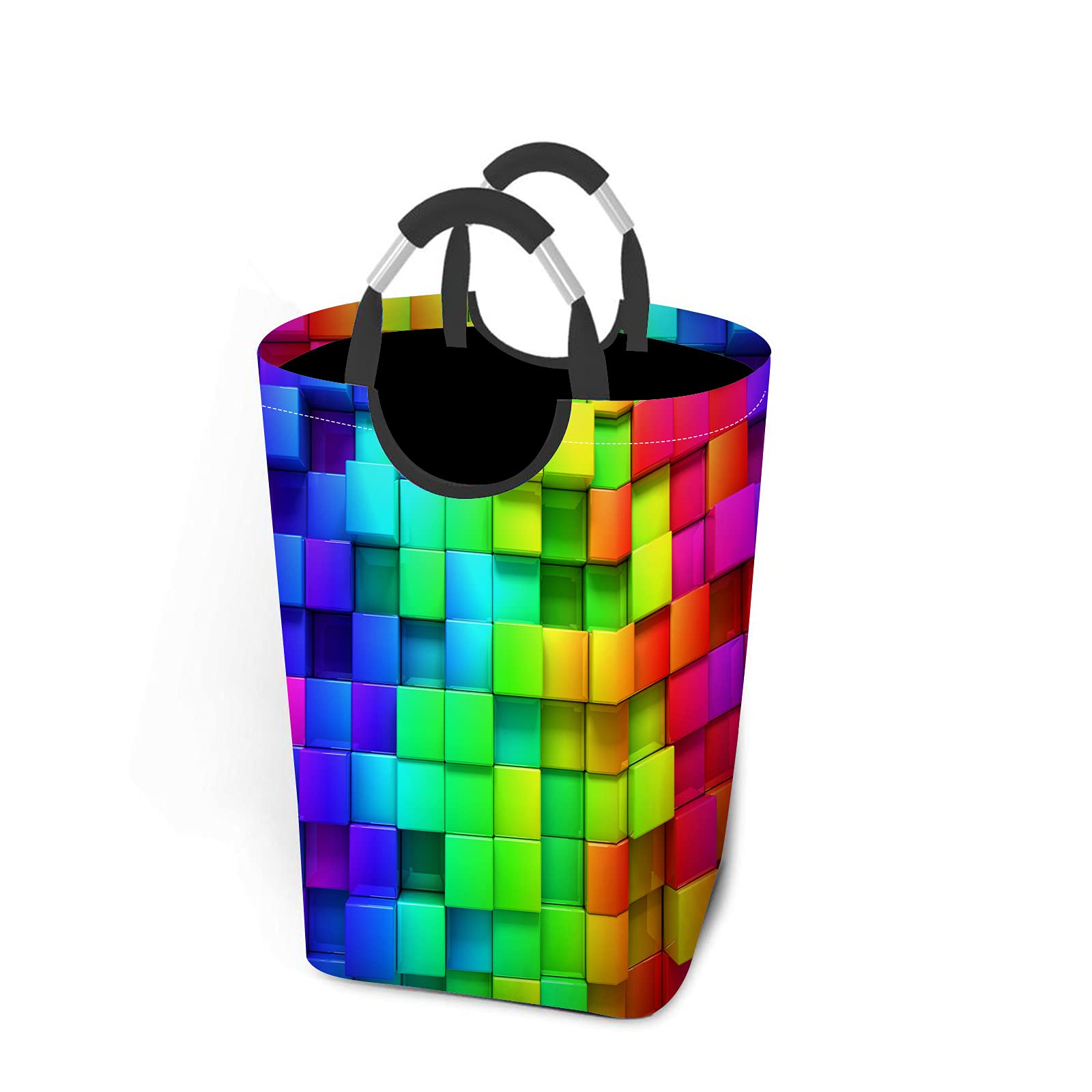 Beabes Collapsible Square Laundry Hamper - 50L Modern Rainbow Storage Basket with Aluminum Handle for Bathroom, Dorm & Closet | Colorful Abstract Cube Design for Home Organization & Space Saving