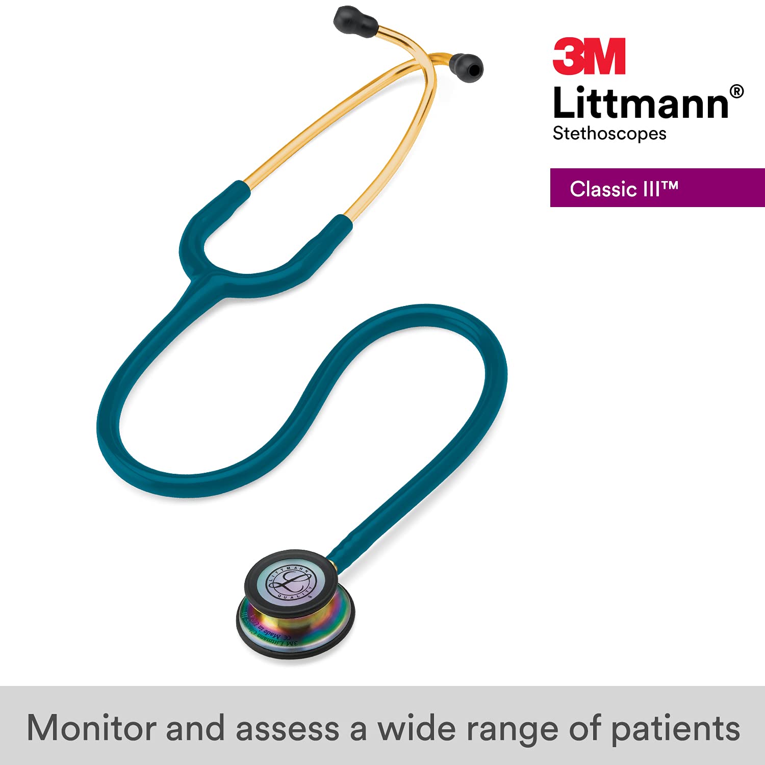 3M Littmann Classic III Monitoring Stethoscope - 5807 Model with 2X Louder Sound, Lightweight Design & Rainbow Stainless Steel Chestpiece - 27-Inch Caribbean Blue Tube with Brass Stem & Headset - Ideal for Medical Professionals, Nurses, and Students in Clinical Settings