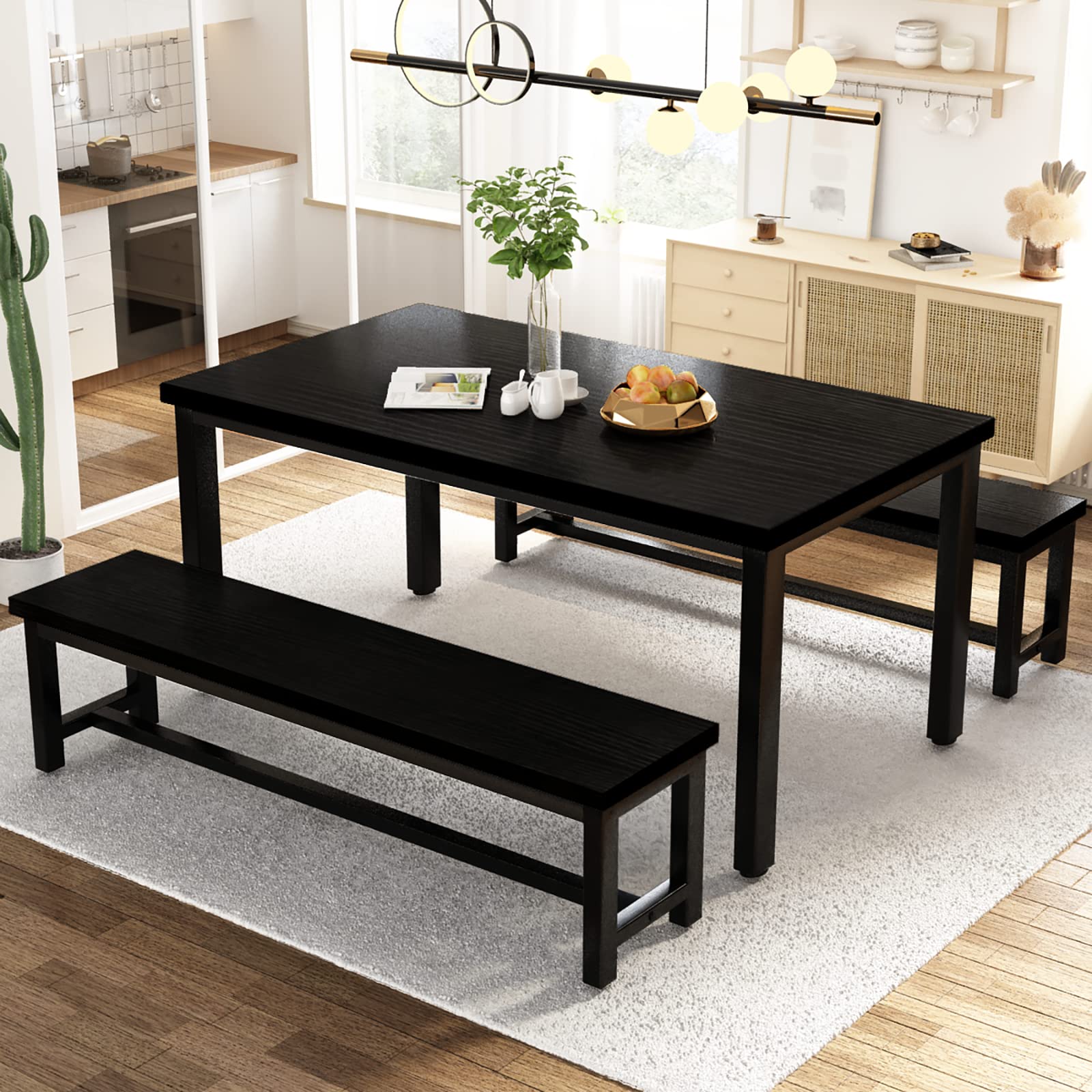AWQM 43.3 Inch 4-Person Dining Table Set with 2 Benches - Sturdy Metal Frame & Thickened Wood Top - Perfect for Kitchen, Restaurant, Cafe, or Small Space Dining - Black Modern Furniture