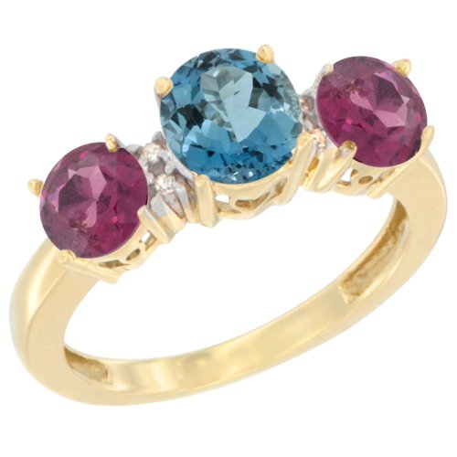 10K Yellow Gold Round 3-Stone Natural London Blue Topaz Ring with Rhodolite Garnet & Diamond Accents - Sizes 5-10 | Elegant Bridal Jewelry, Anniversary Gift, Engagement Ring Alternative for Women