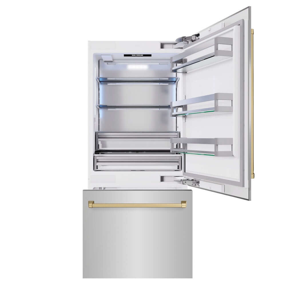 ZLINE Autograph Edition 36 Inch Built-In Bottom Freezer Refrigerator - 19.8 cu.ft Capacity, Stainless Steel with Champagne Bronze Accents, Water Dispenser & Ice Maker - Perfect for Modern Kitchens & Open Concept Homes (RBITZ 304 36CB)